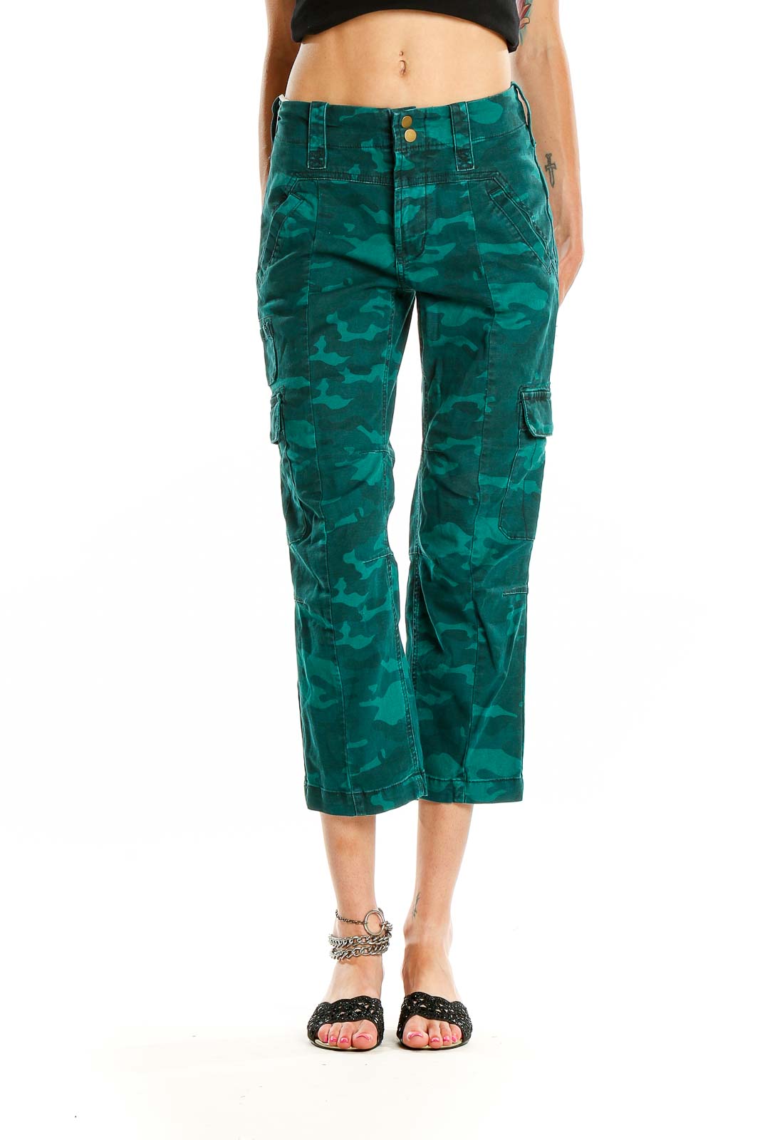 Green Camouflage Print All Day Wear Cargos Pants Front
