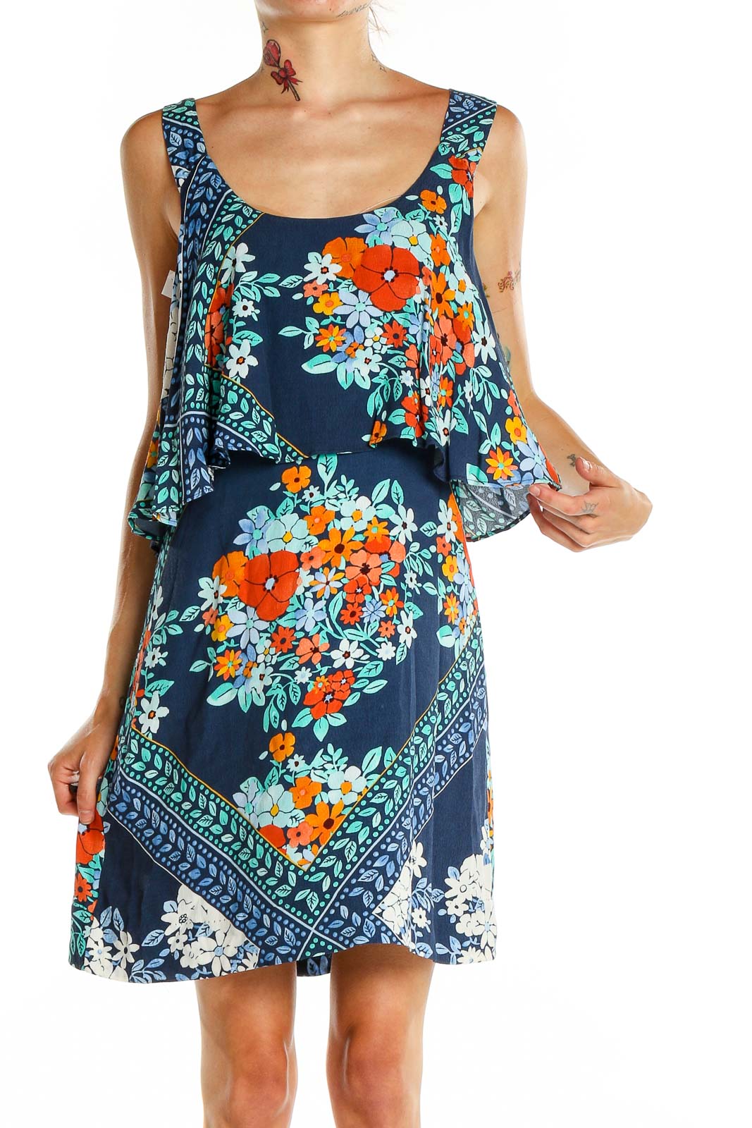 Blue Floral Print Sun Dress Front
