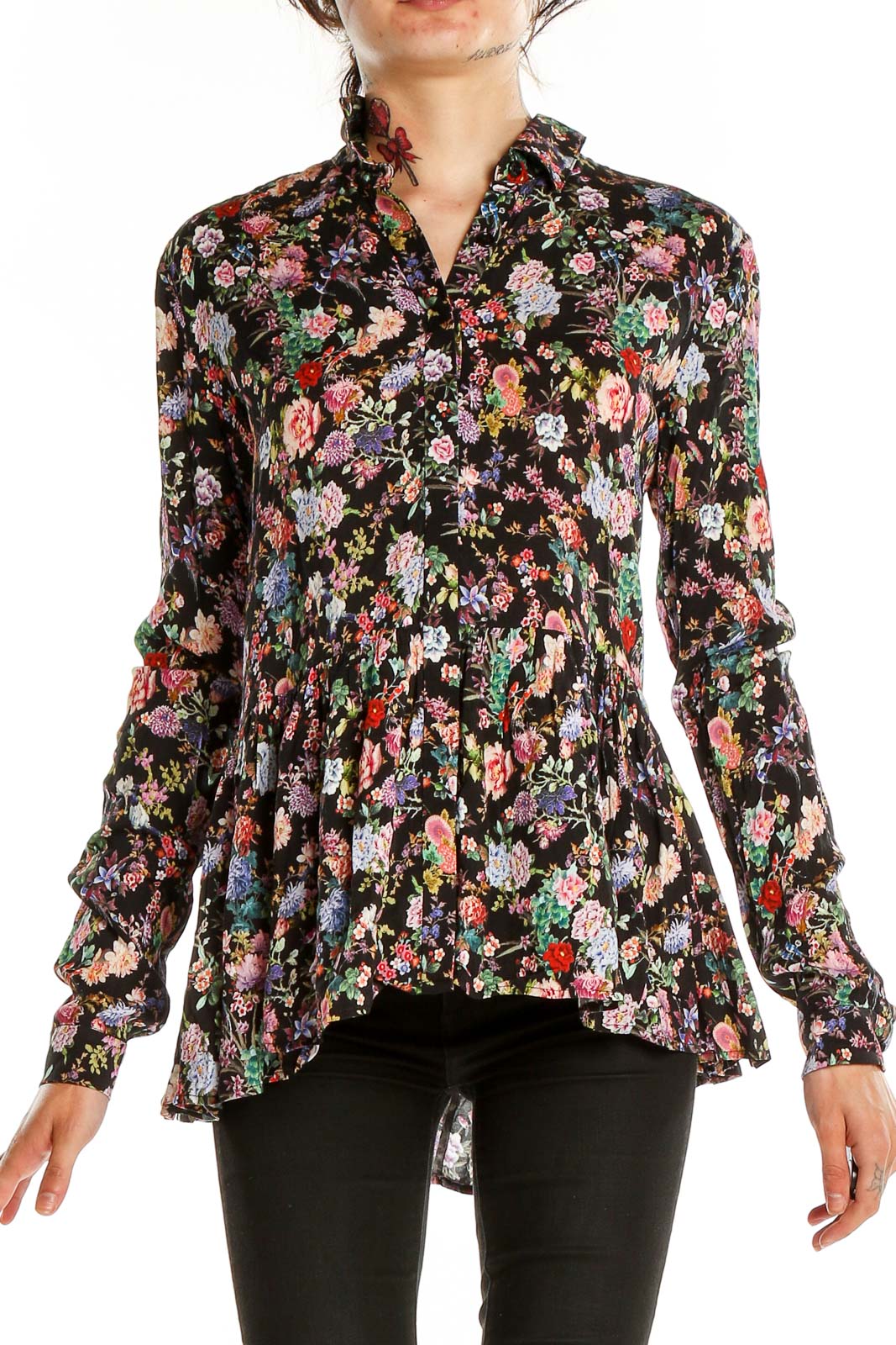 Black Floral Print Pleated Top Front