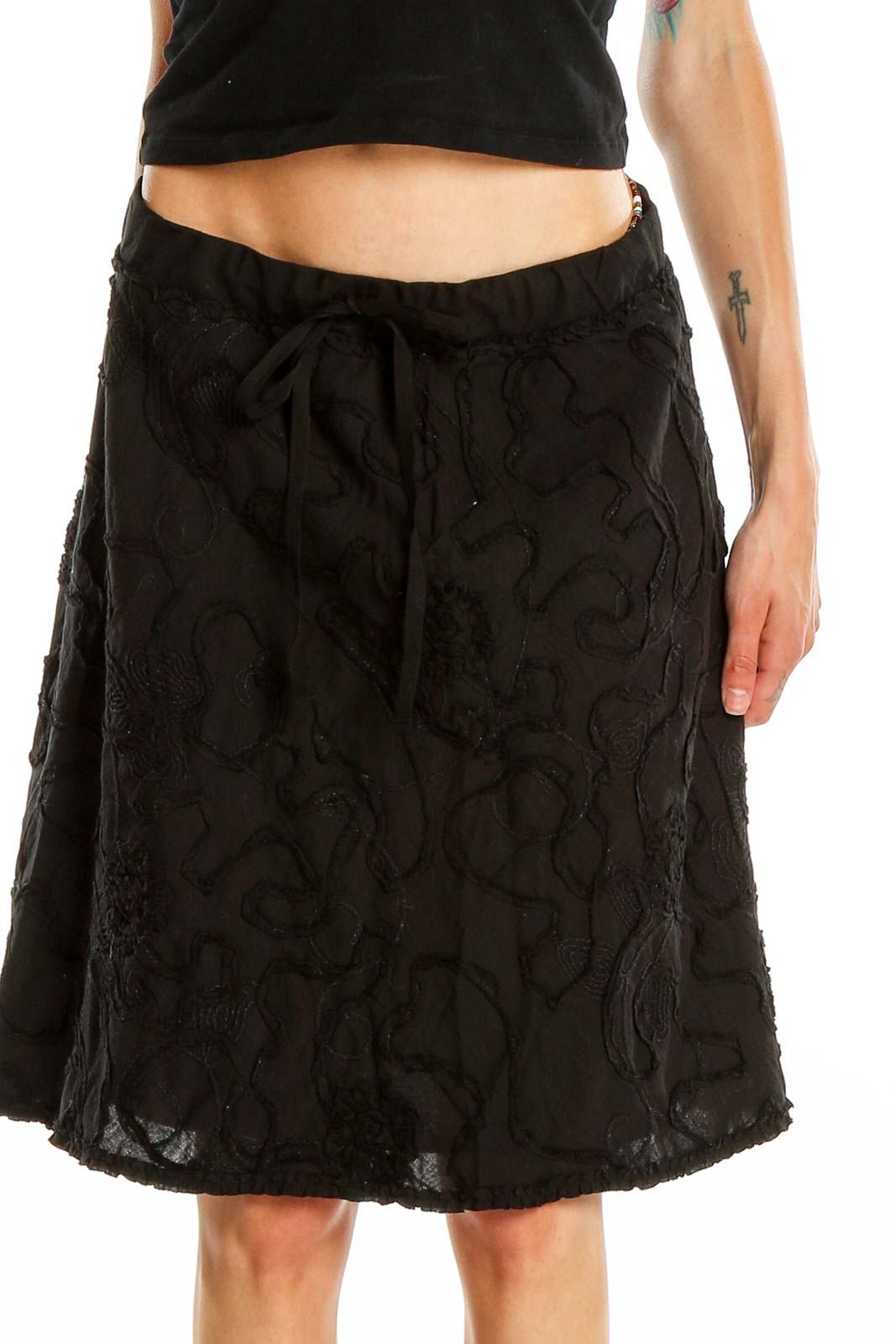 Black Textured Flared Skirt Front