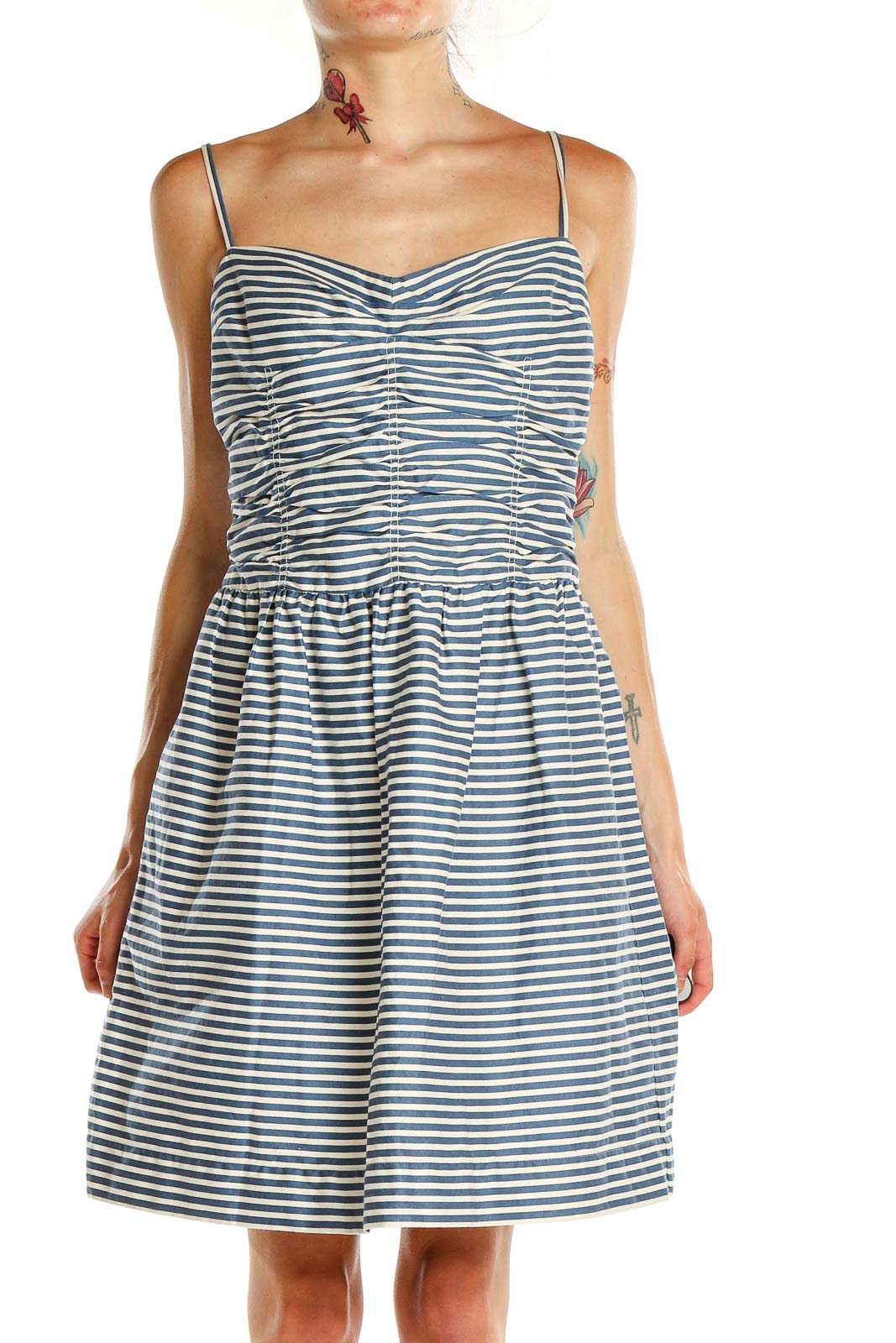 Blue White Striped Fit & Flare Dress Front
