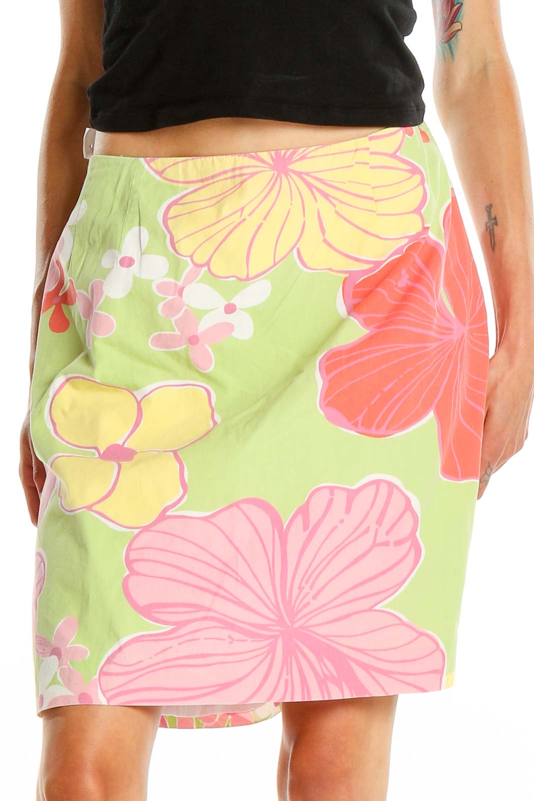 Green Pink Floral Print Skirt Front