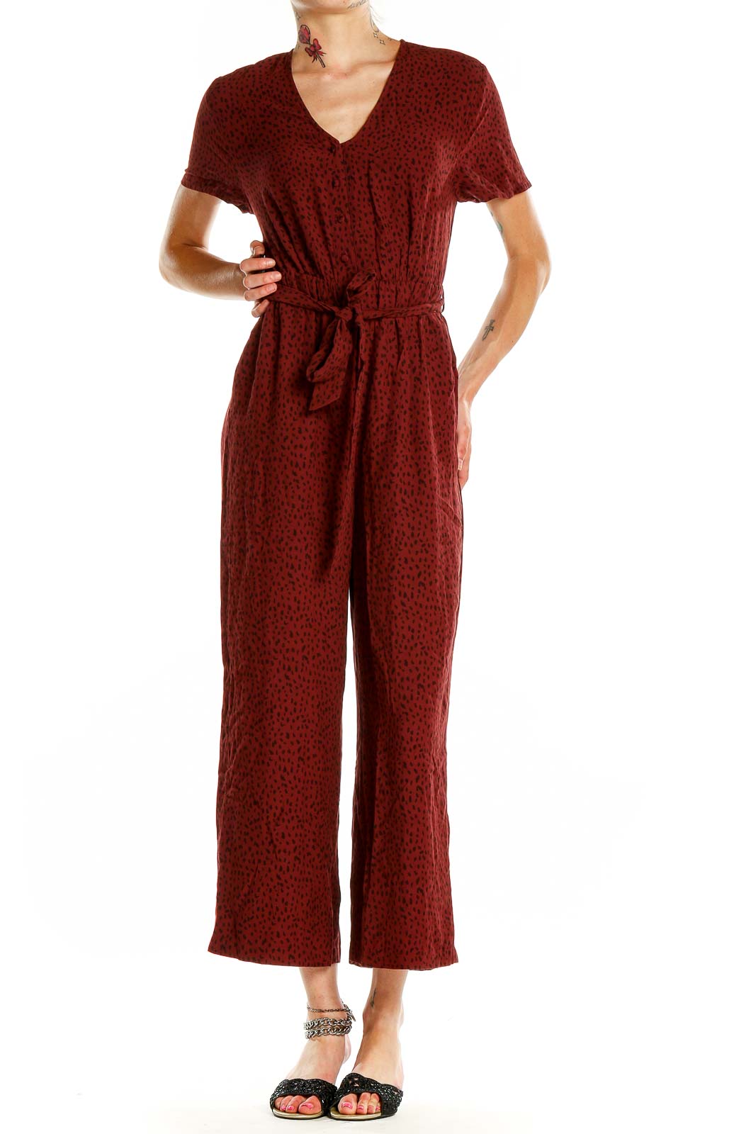 Red Printed Jumpsuit Front