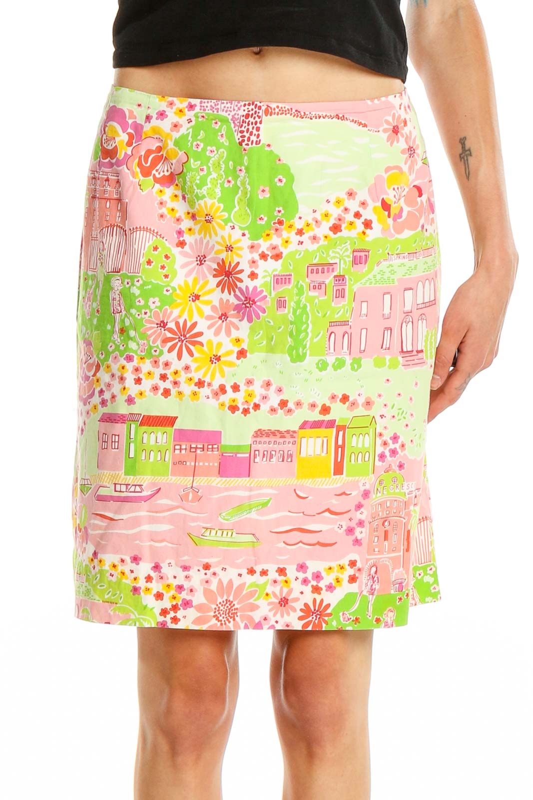 Green Pink Printed Skirt Front