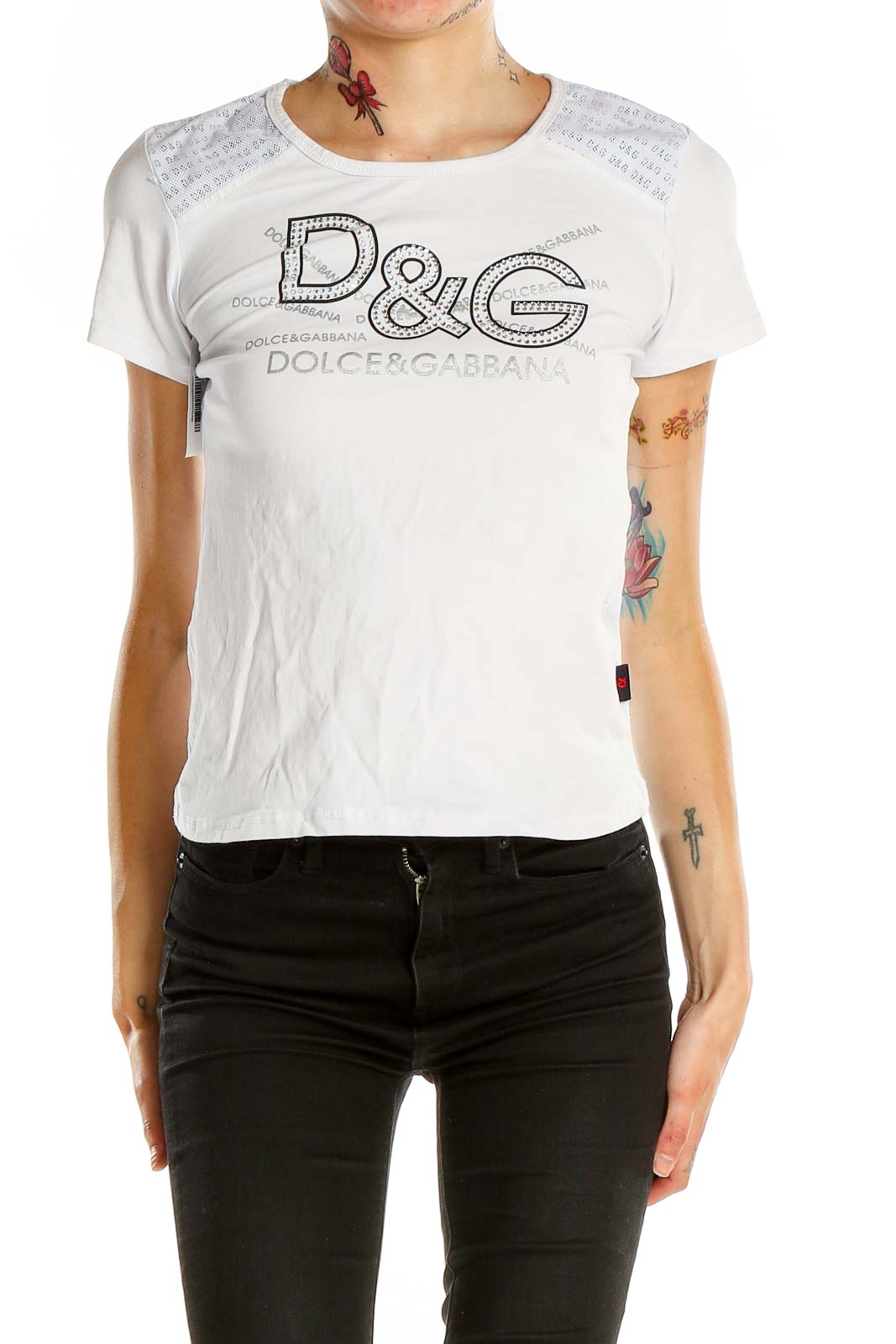 White Printed Bedazzled T-Shirt Front