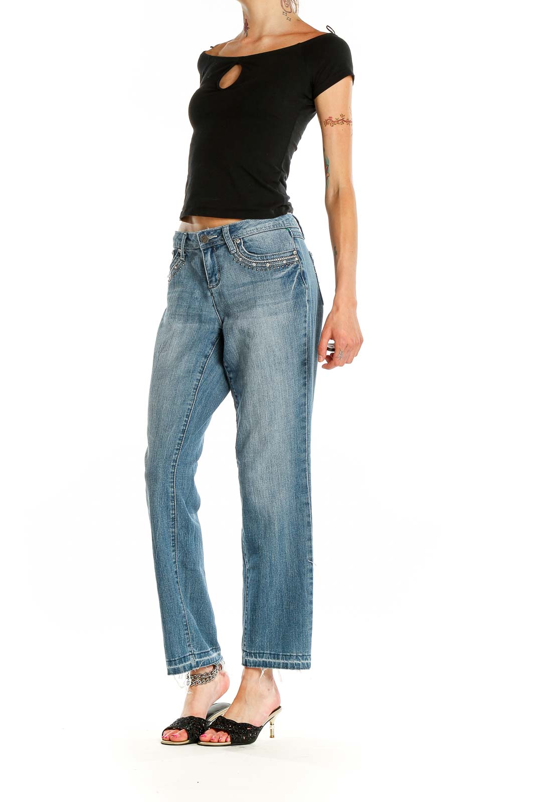 Earl Jeans - Blue Embellished Retro Jeans Polyester Cotton Spandex