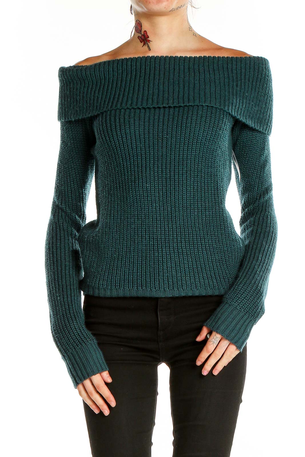 Green Off The Shoulder Sweater Front
