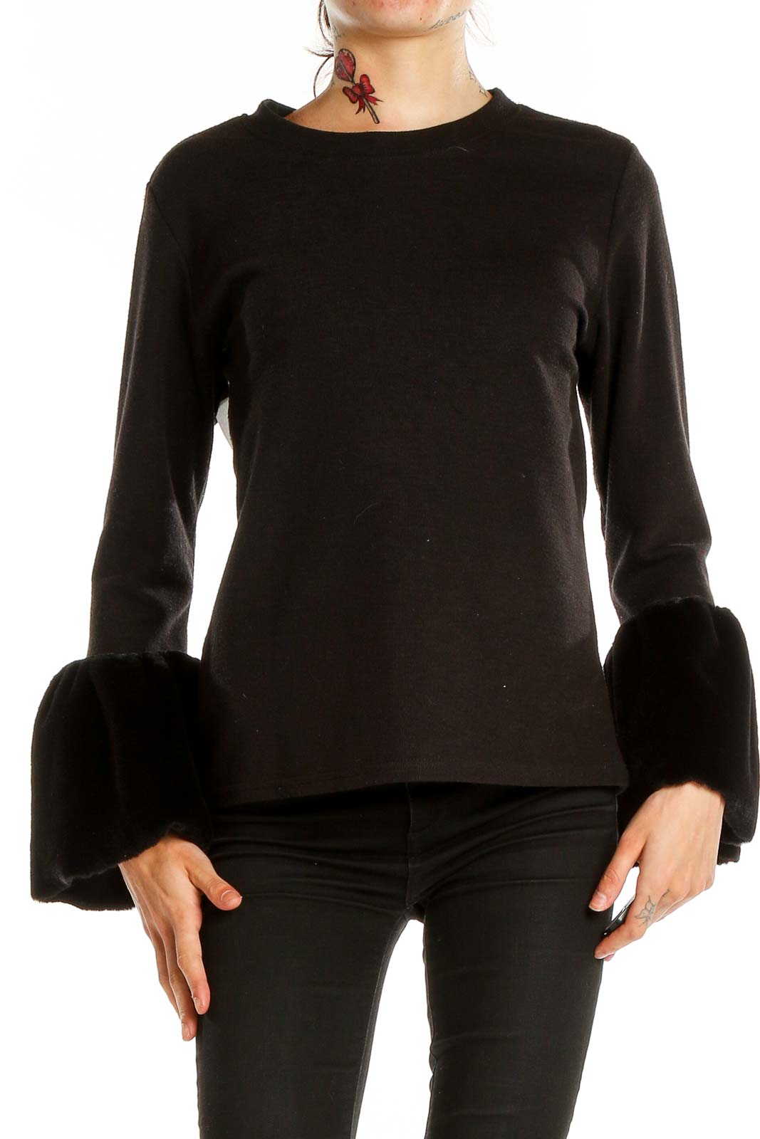 Black Faux Fur Cuff Sleeve Knit Top Front