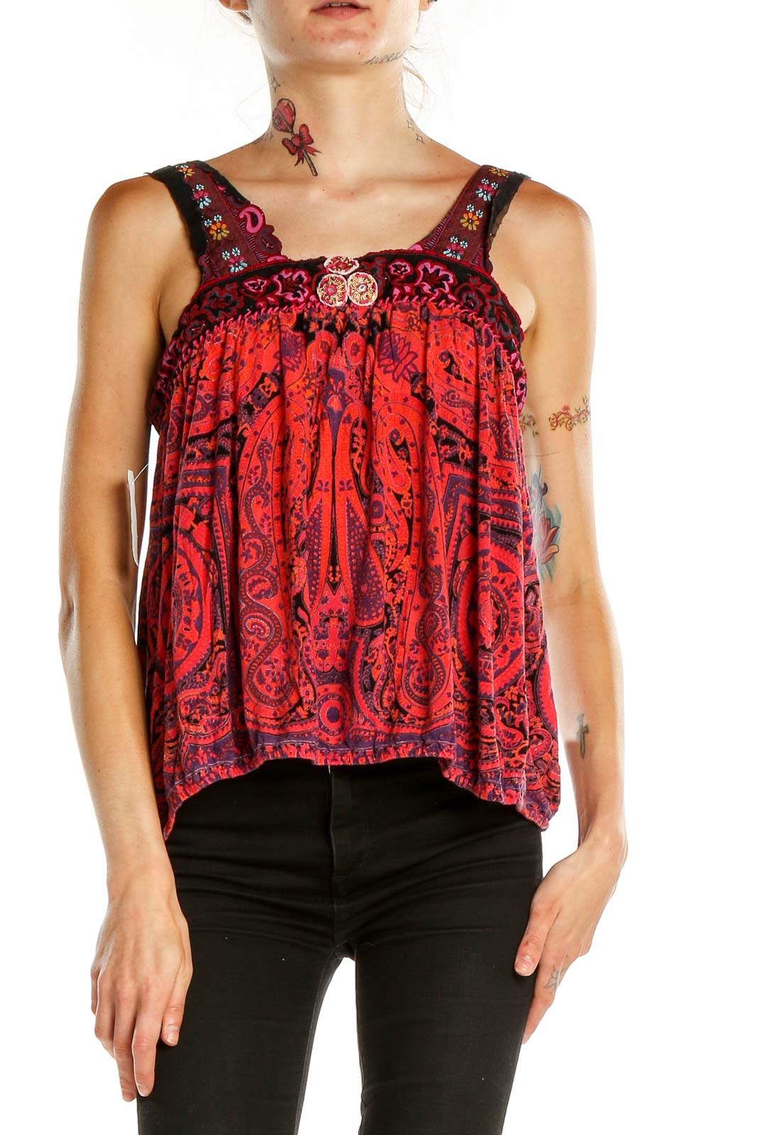 Red Printed Embroidered Bohemian Top Front