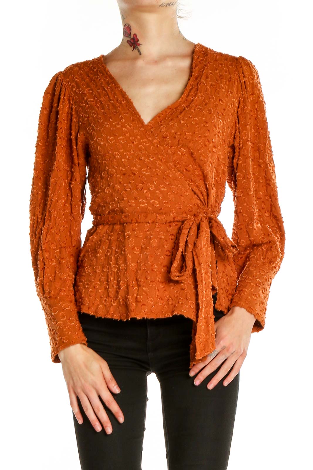 BCBG MaxAzria Orange Textured Wrap Blouse Rayon SilkRoll