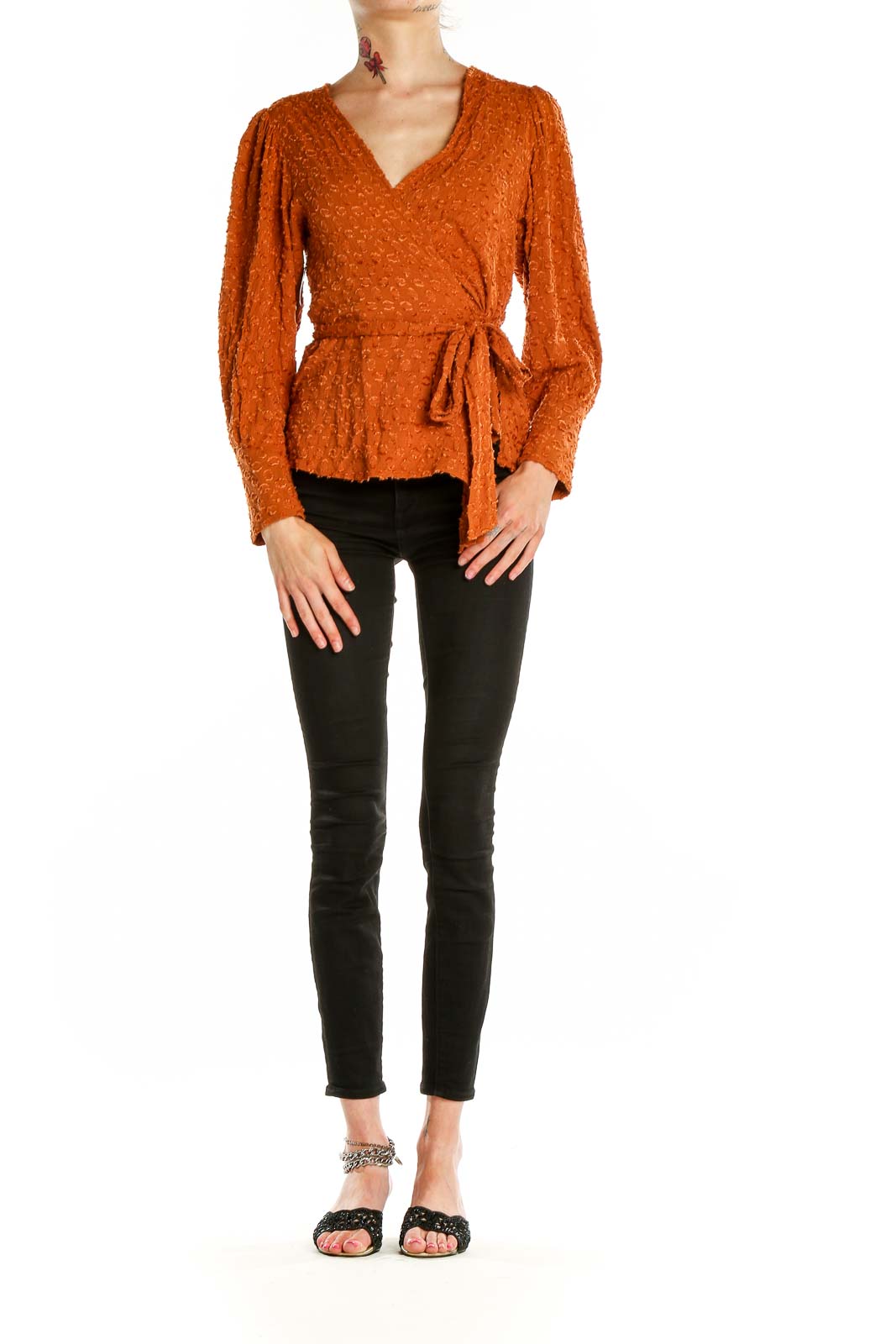 BCBG MaxAzria Orange Textured Wrap Blouse Rayon SilkRoll