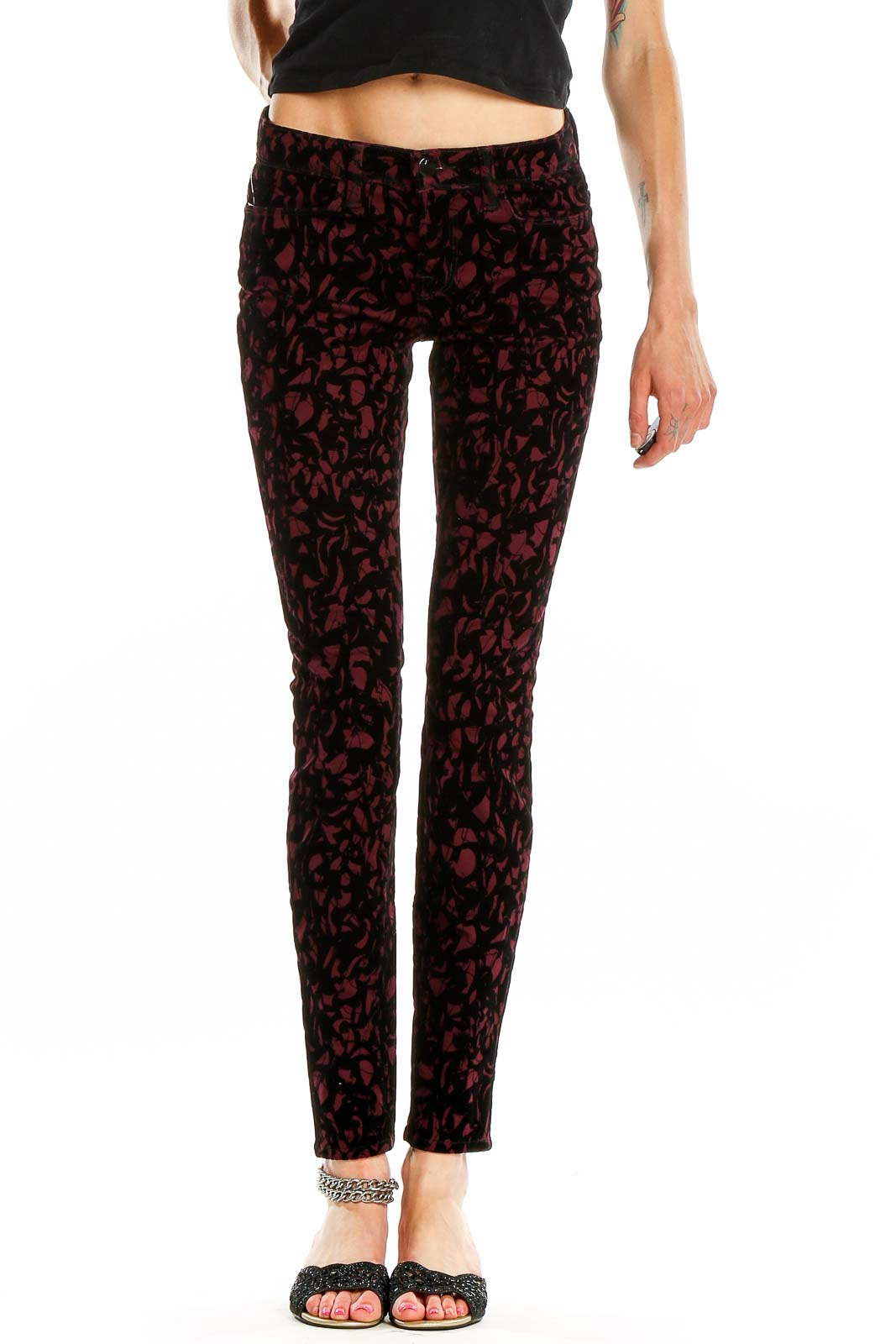 Black Red Textured Chic Skinny Pants Front