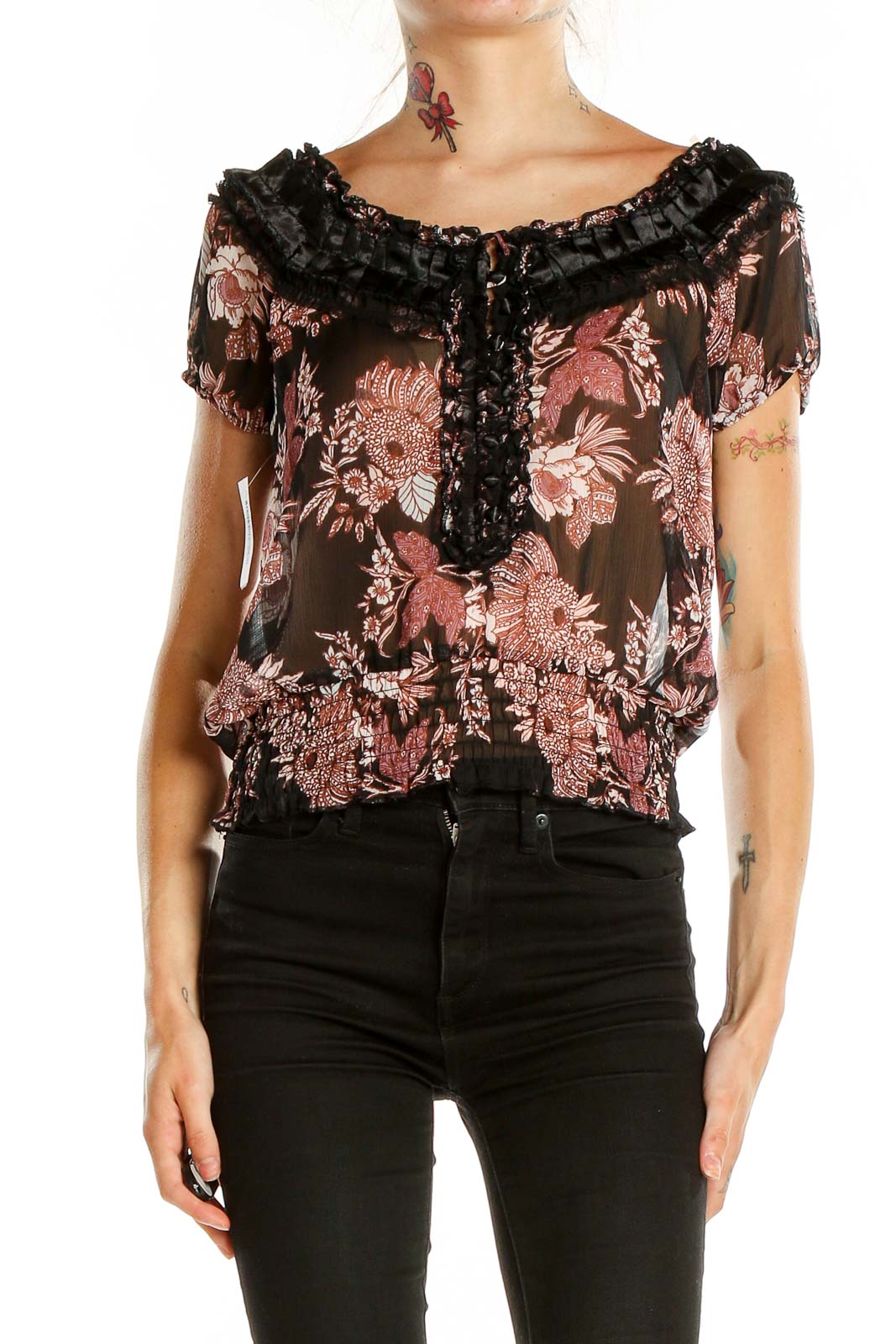 Brown Floral Print Ruffle Blouse Front