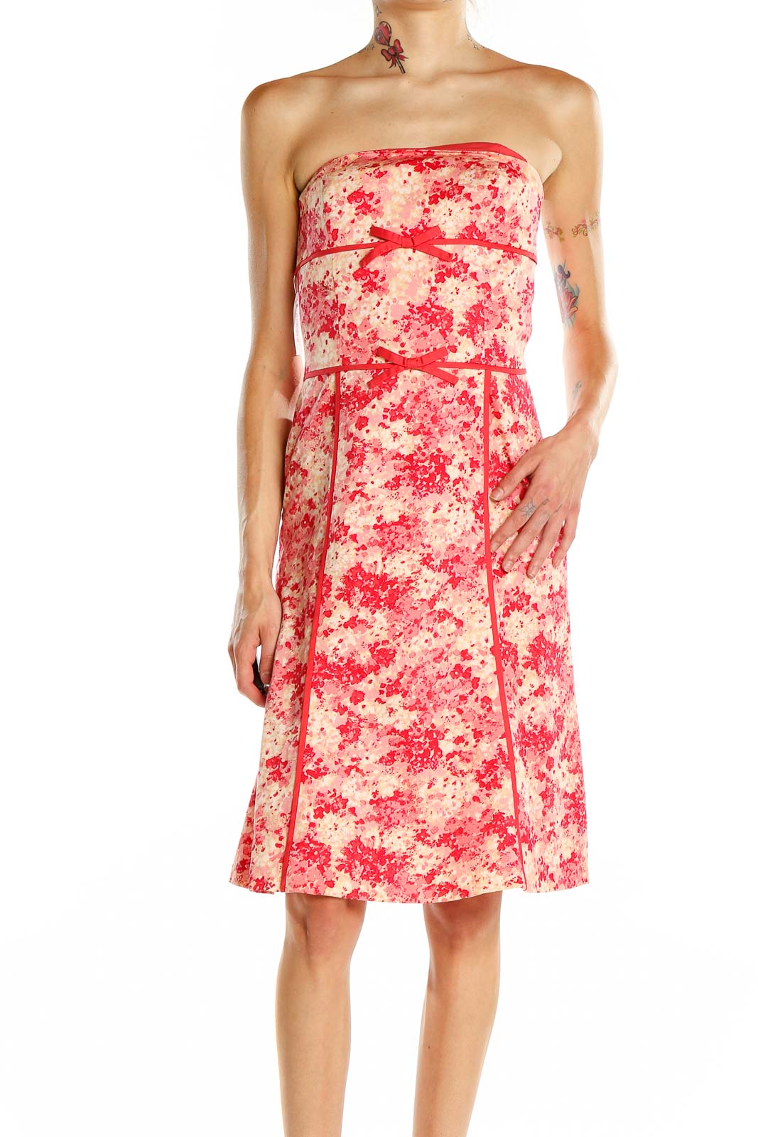 Pink Printed Strapless Retro A-Line Dress Front