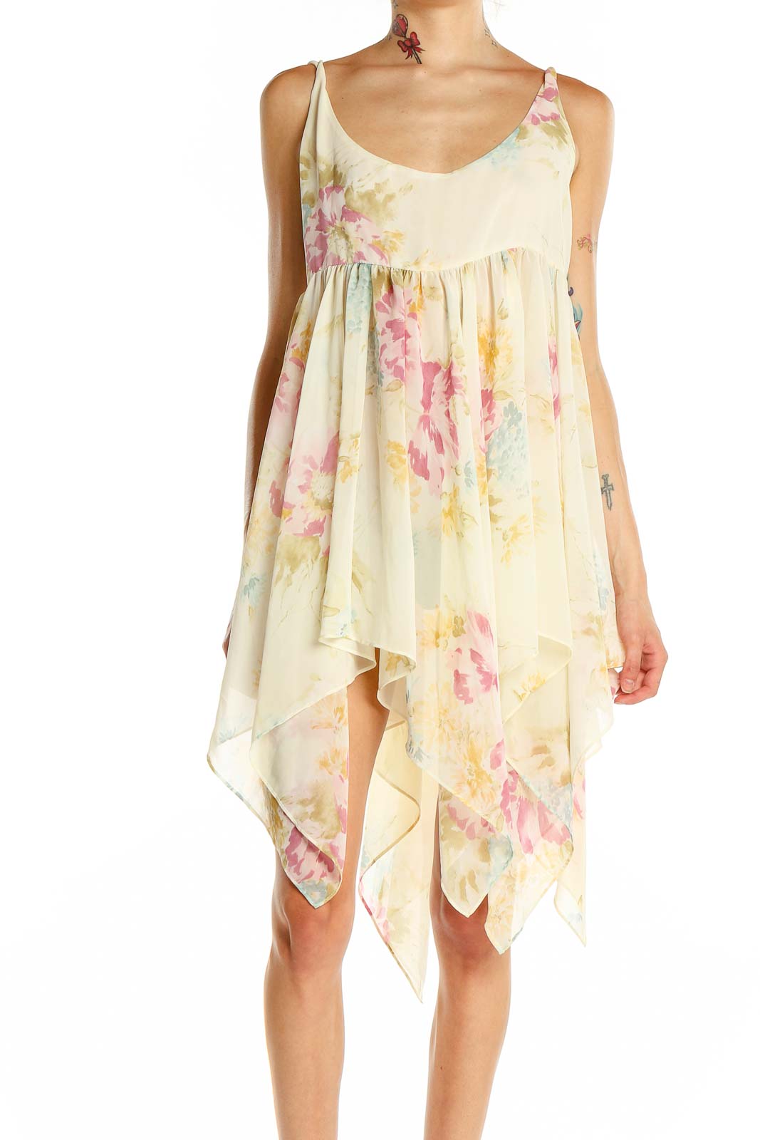 Beige Floral Print Vintage Slip Dress Front