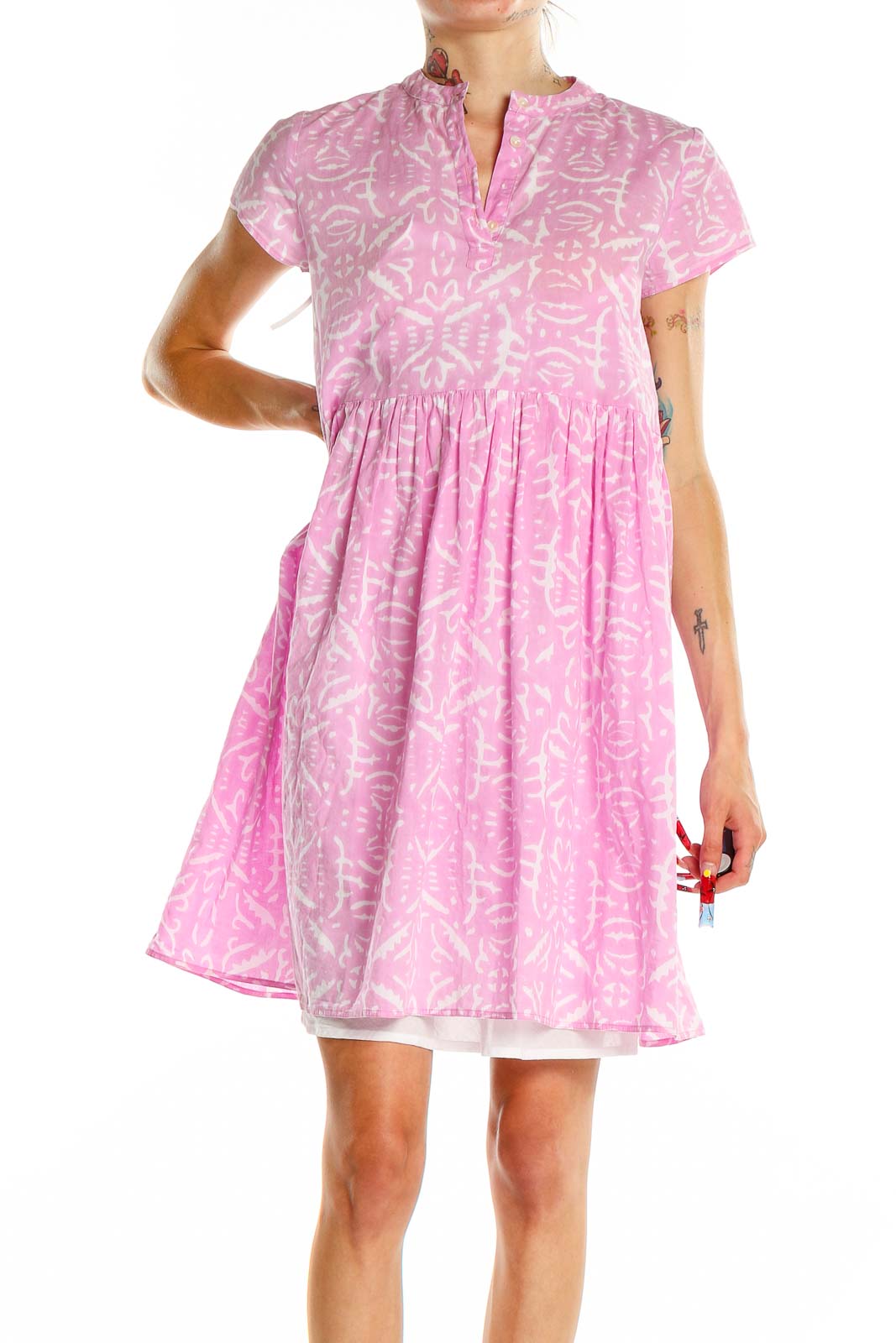 Pink Printed Fit & Flare Dress Front