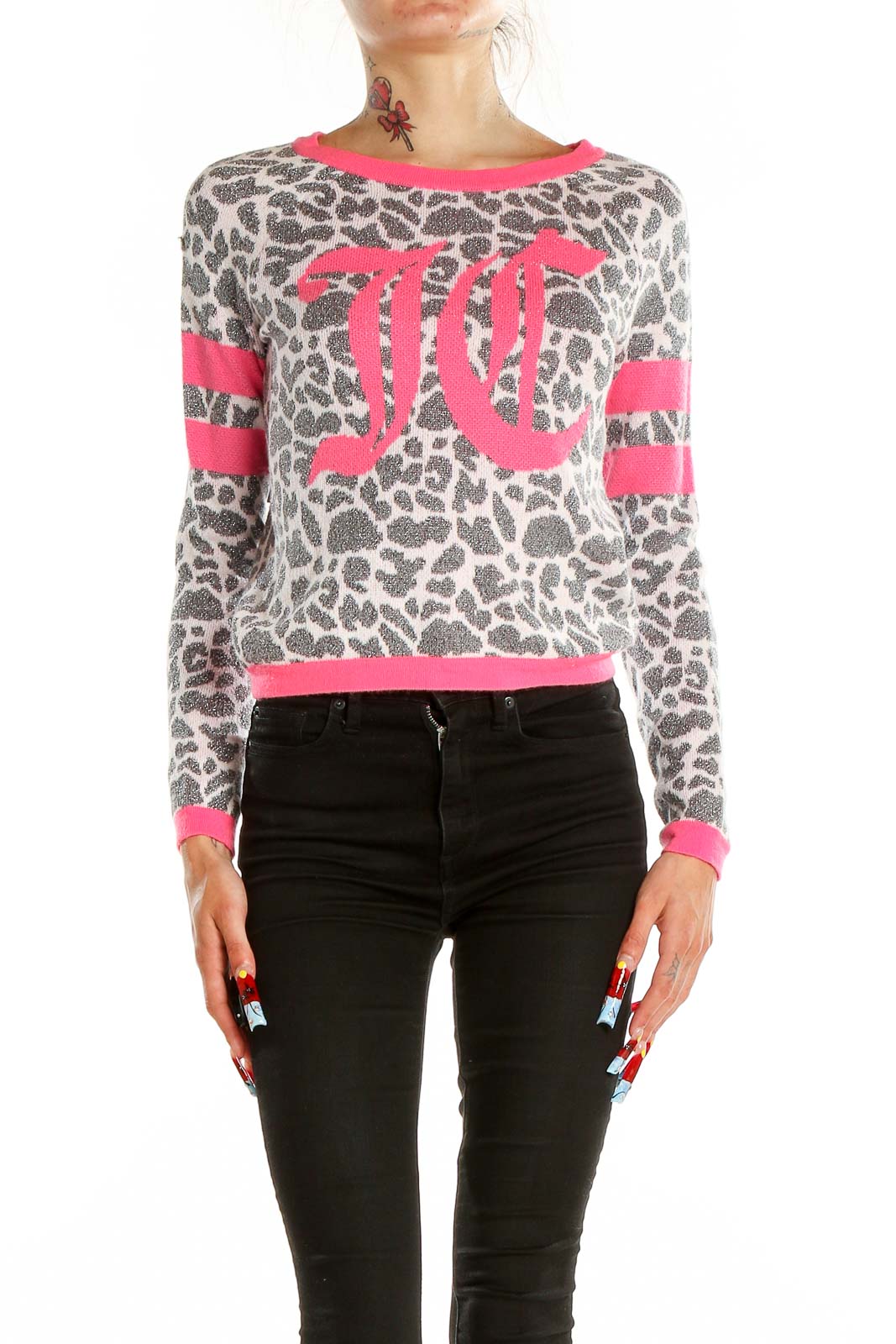 Pink Gray Animal Print Graphic Sweater Front