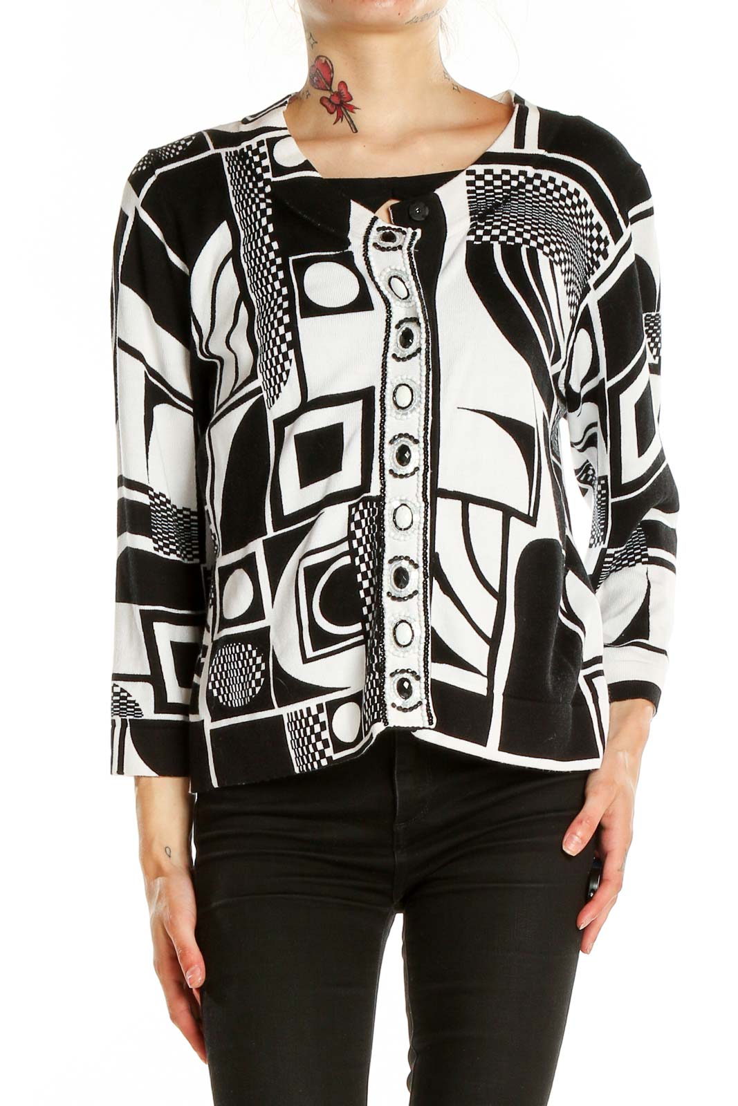 White Black Abstract Printed Cardigan Front
