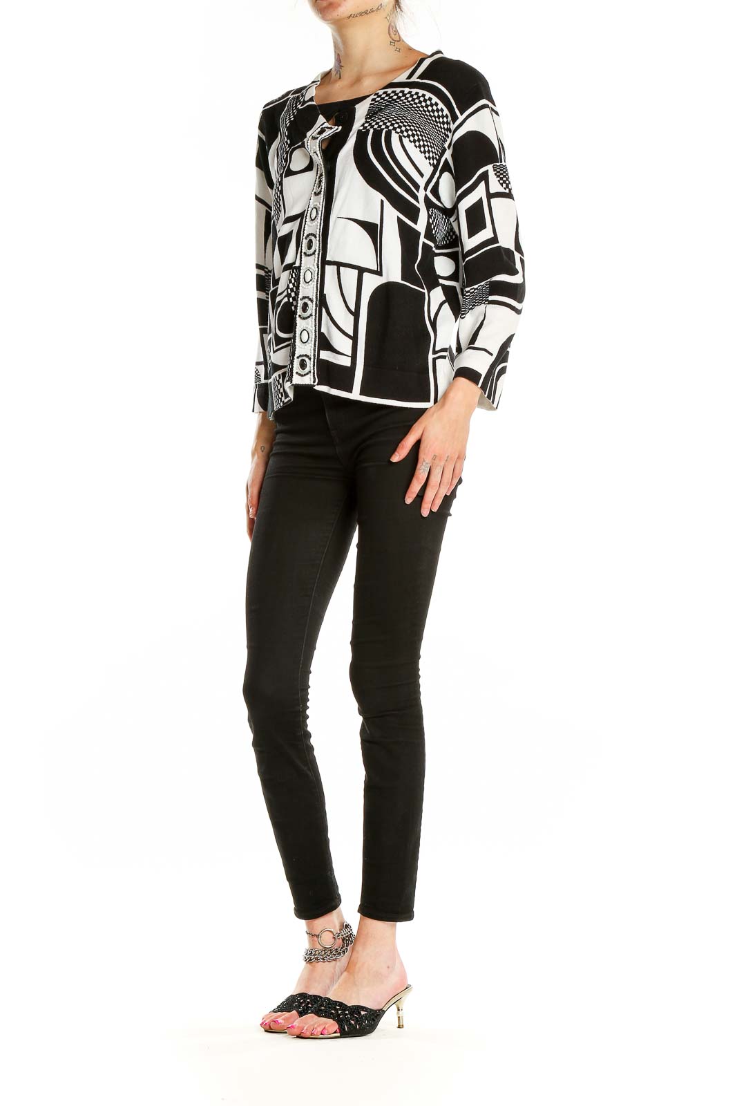 The Collective Works of Berek - White Black Abstract Printed Cardigan  Cotton Rayon