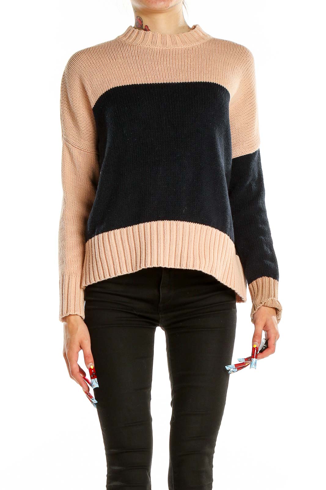 Beige Blue Colorblock Sweater Front