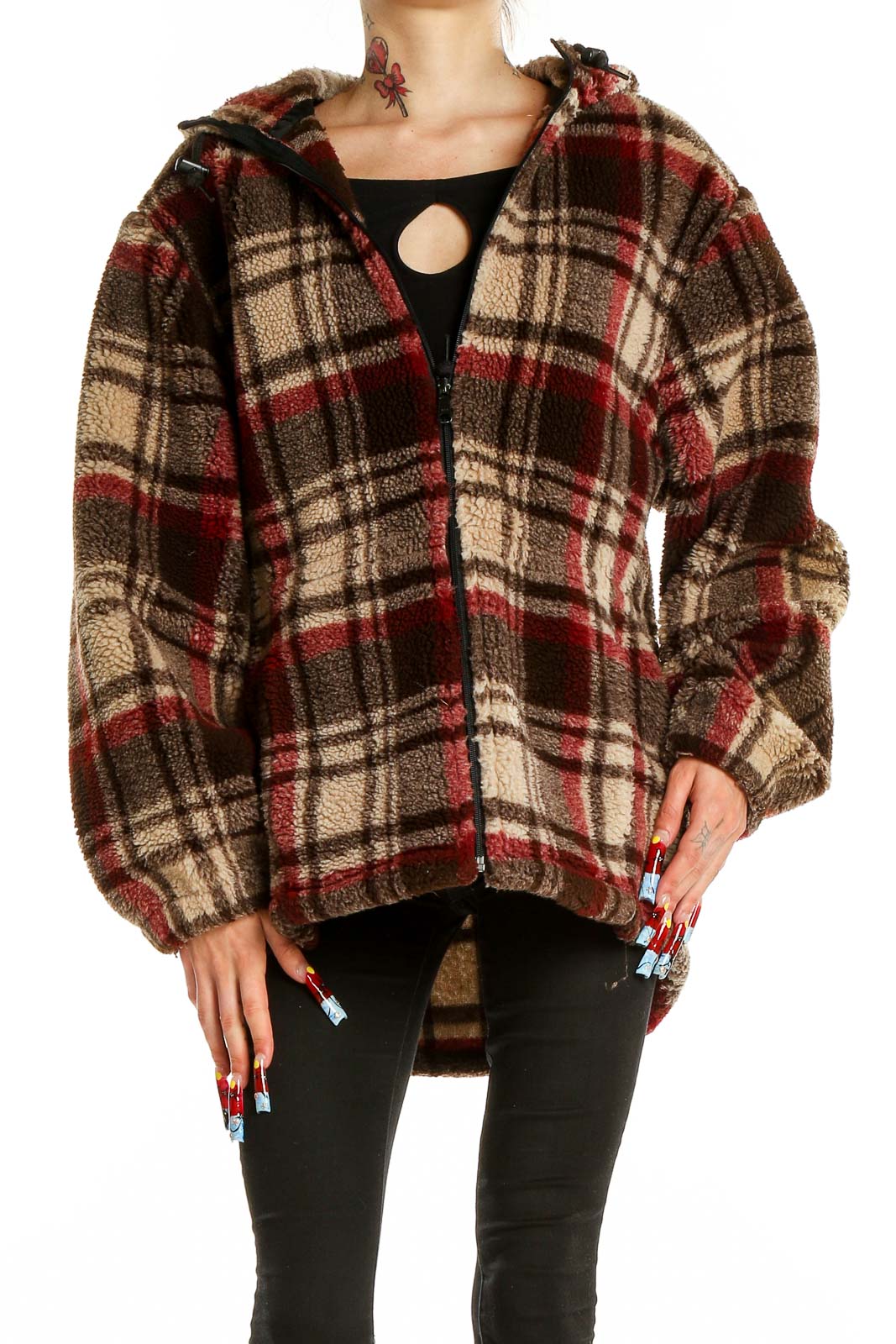 Brown Sherpa Plaid Jacket Front