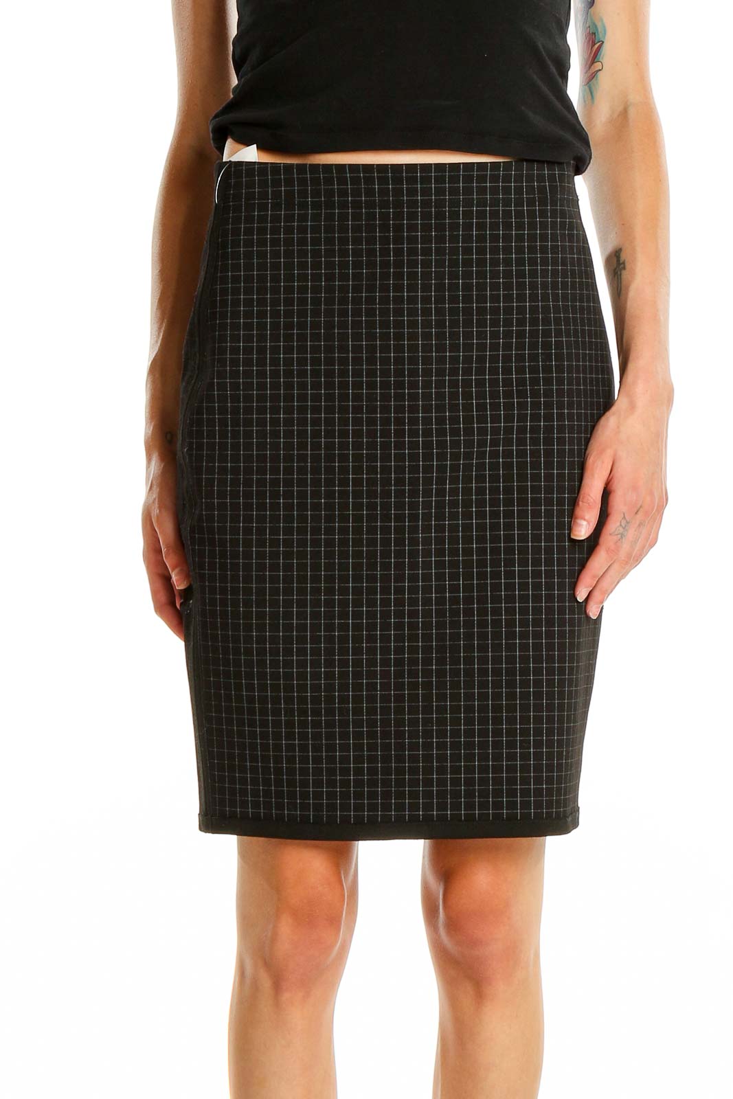 Black Checkered Classic Pencil Skirt Front