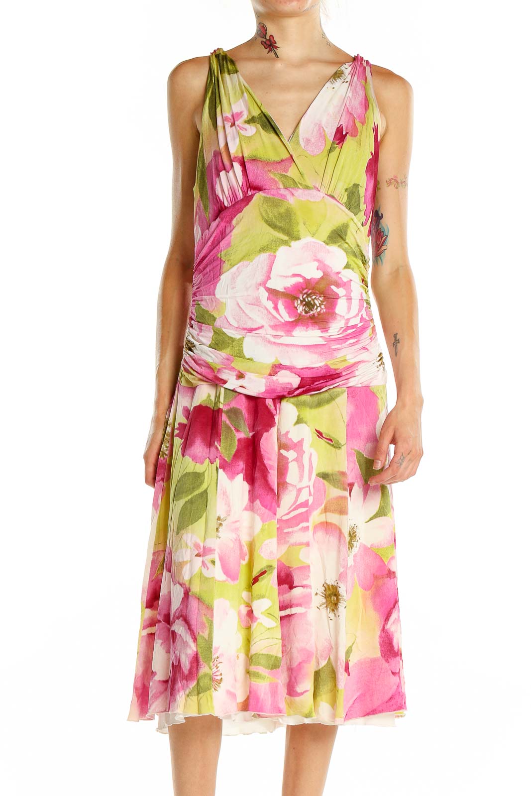 Green Pink Floral Print Dress Front