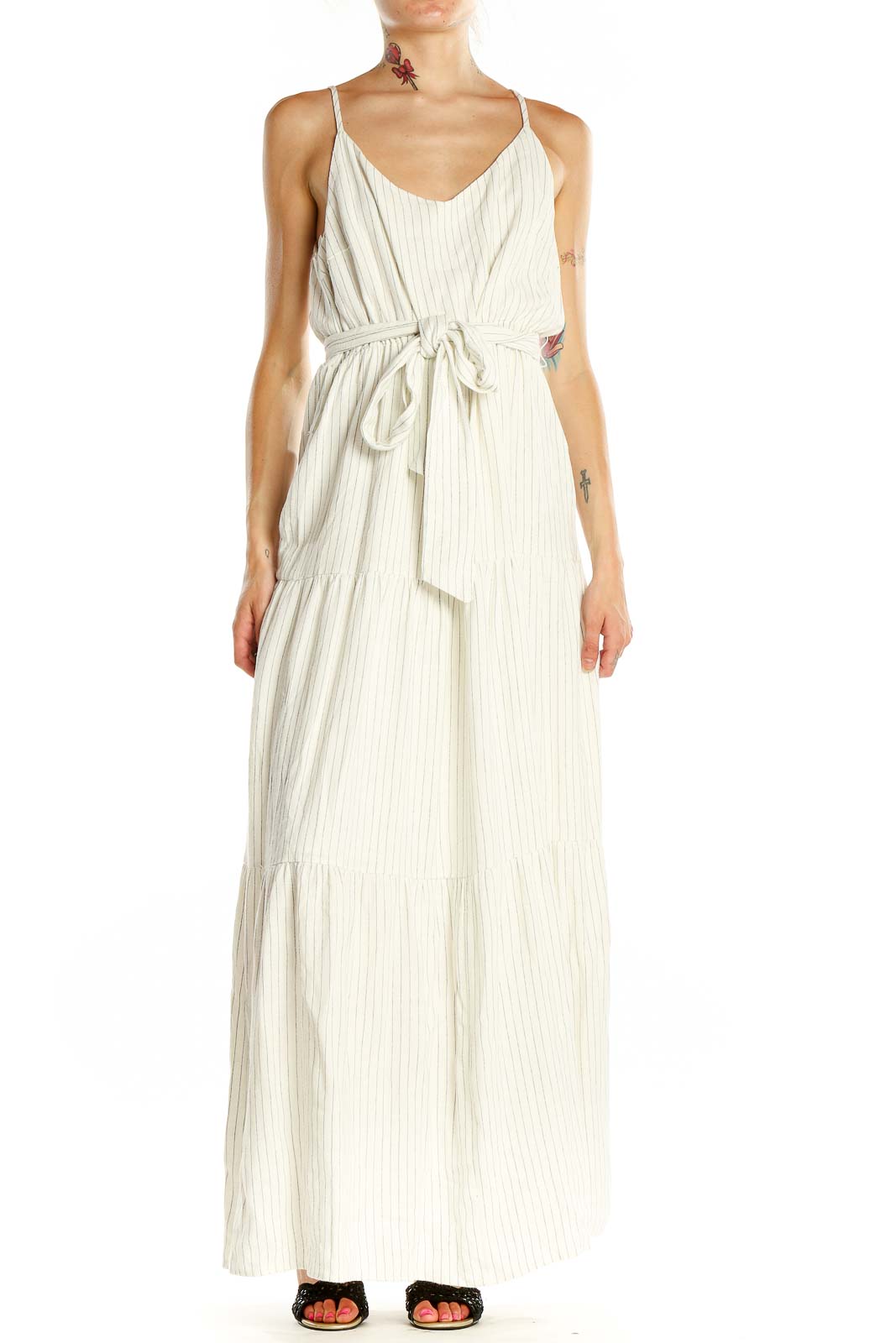 White Pinstripe Fit & Flare Dress Front