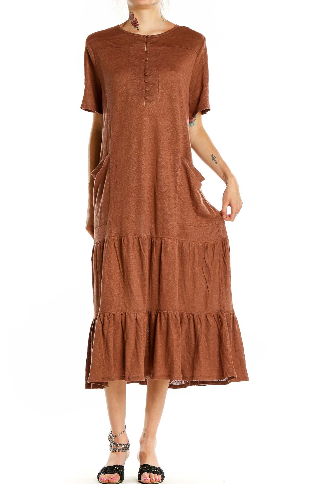 Brown Midi Shirt Dress Front