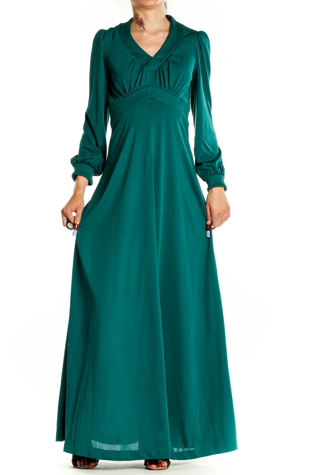 Green Long Sleeve Retro Column Dress Front