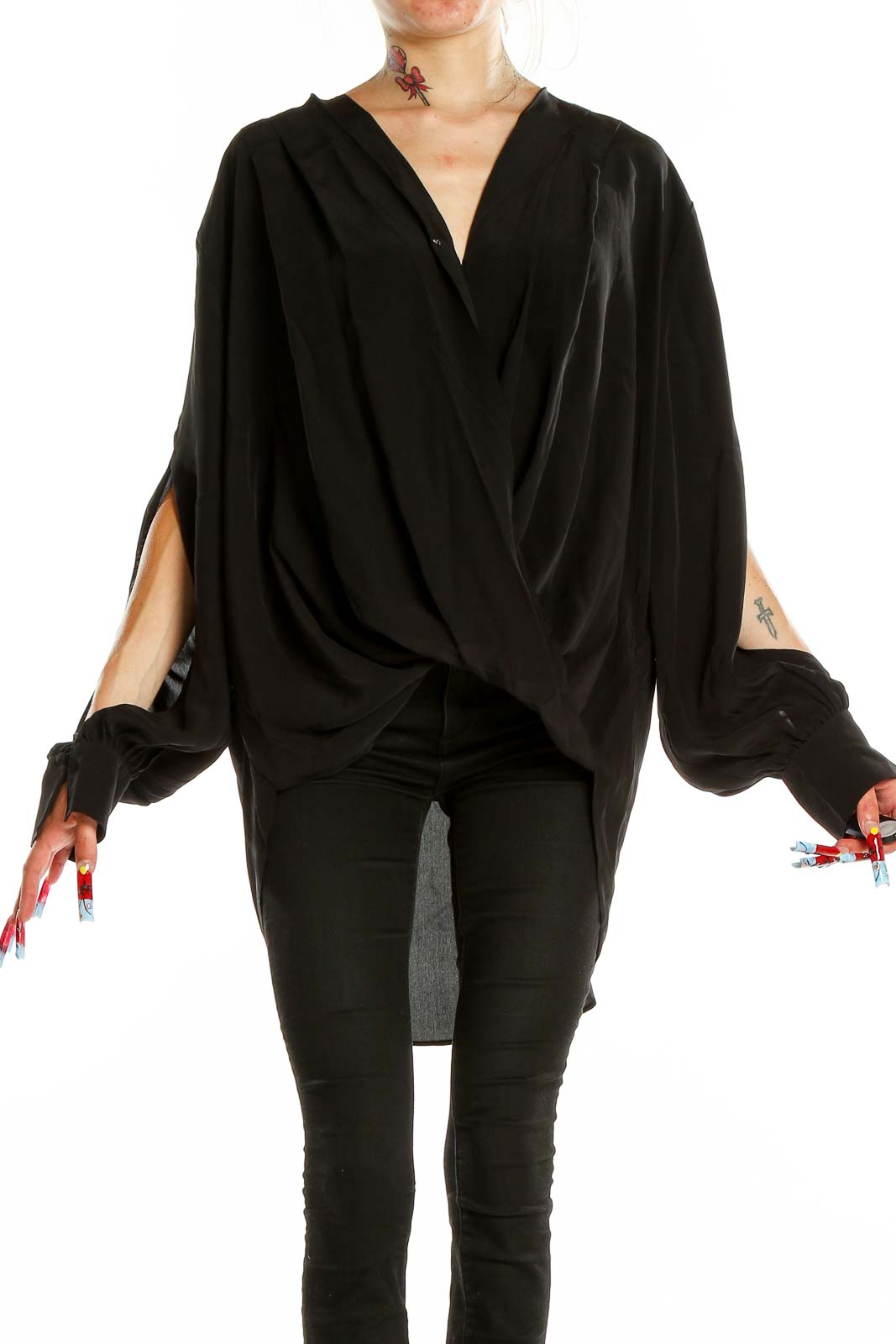 Black High Low Cutout Sleeve Blouse Front