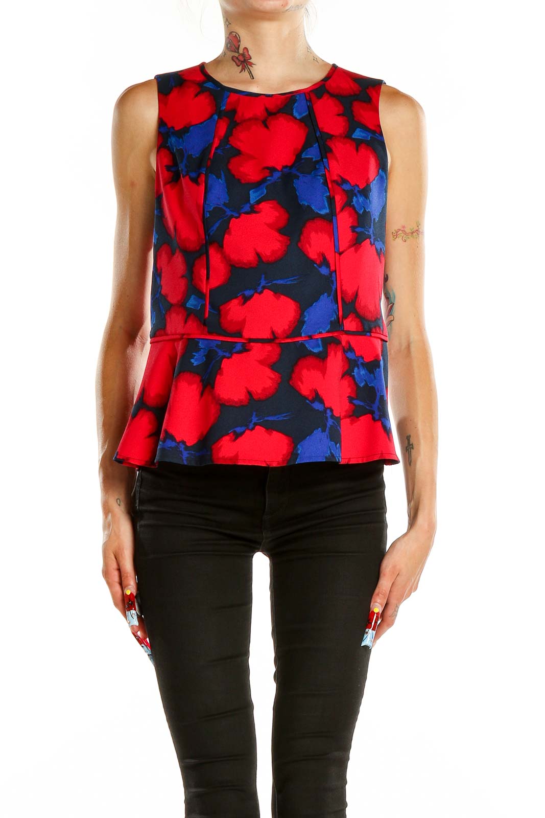 Red Blue Printed Peplum Top Front