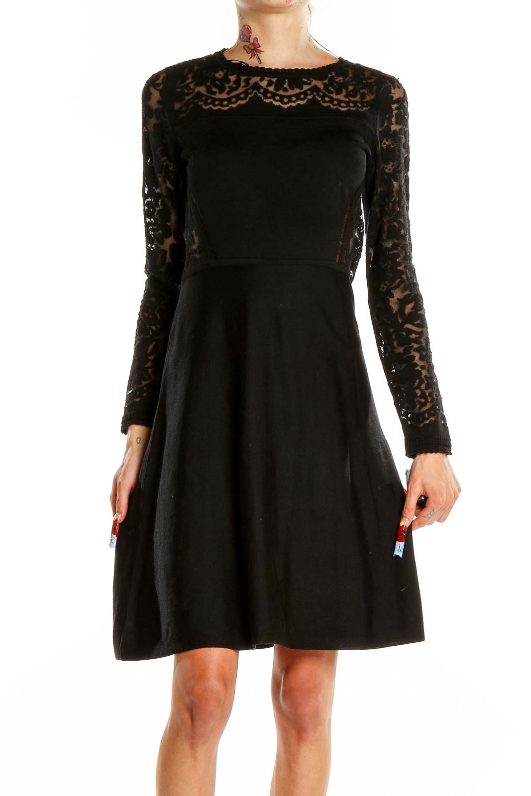 Black Lace Long Sleeve A-Line Dress Front