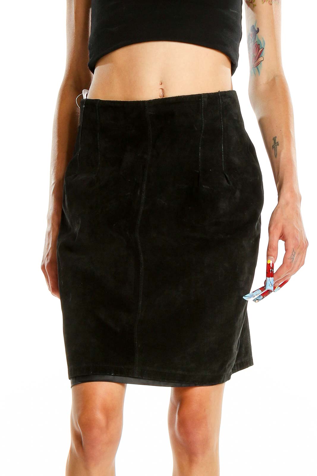 Black Chic Leather Pencil Skirt Front