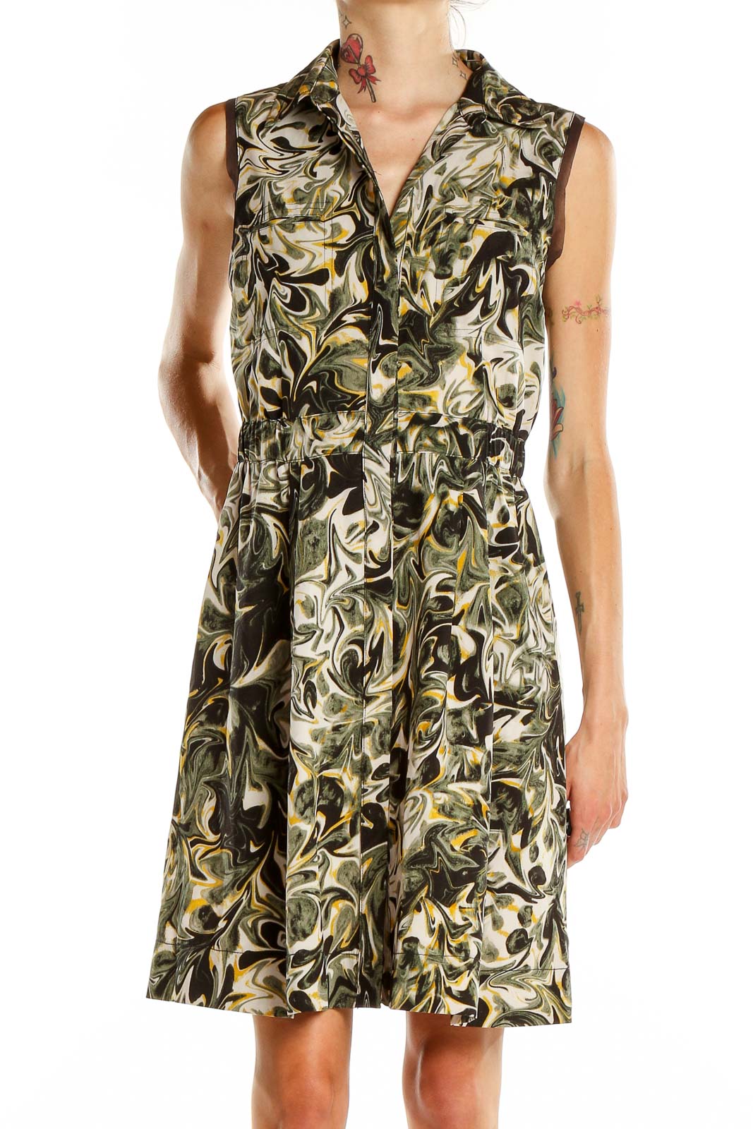 Green Printed Fit & Flare Dress Front