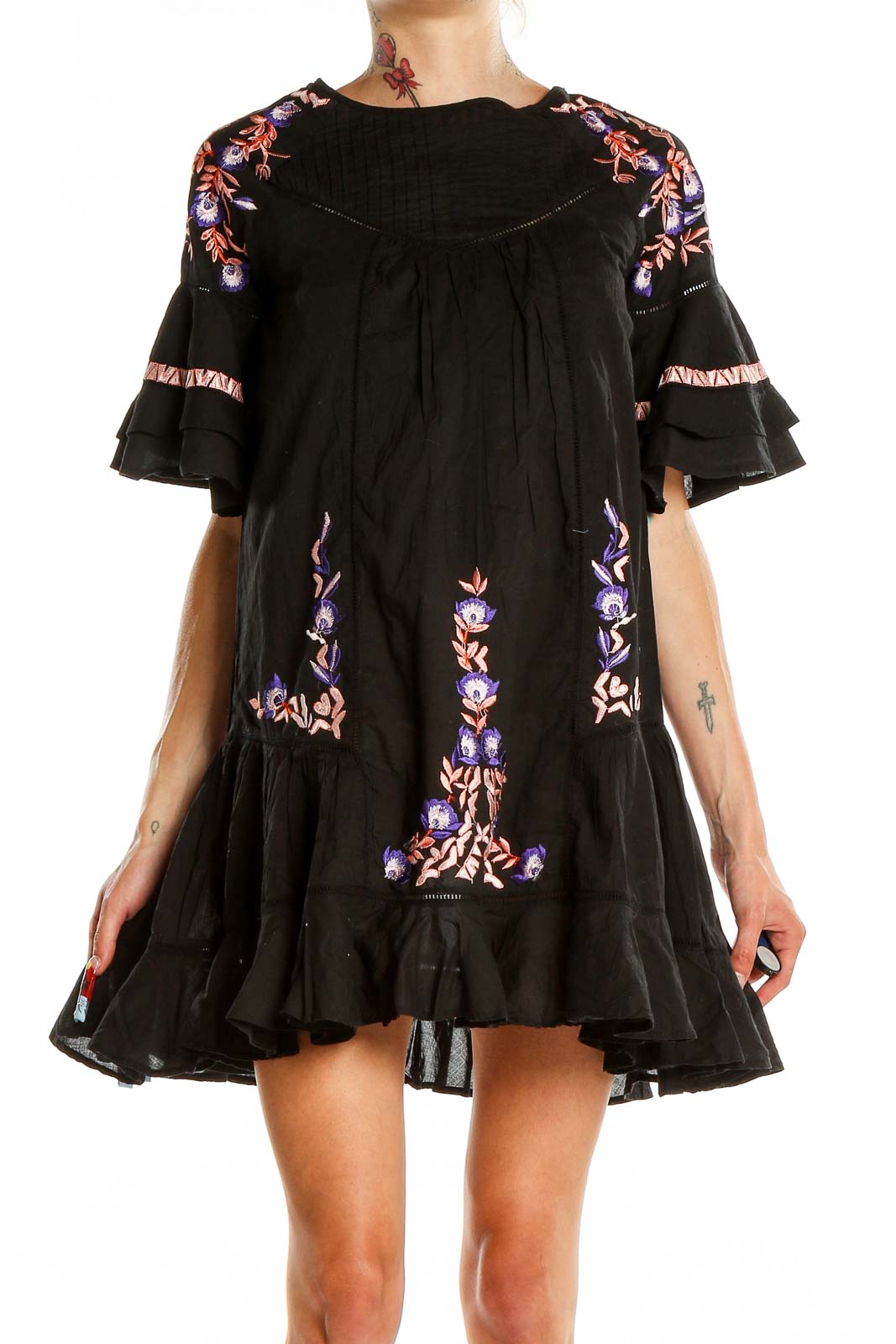 Black Bohemian Babydoll Embroidered Dress Front