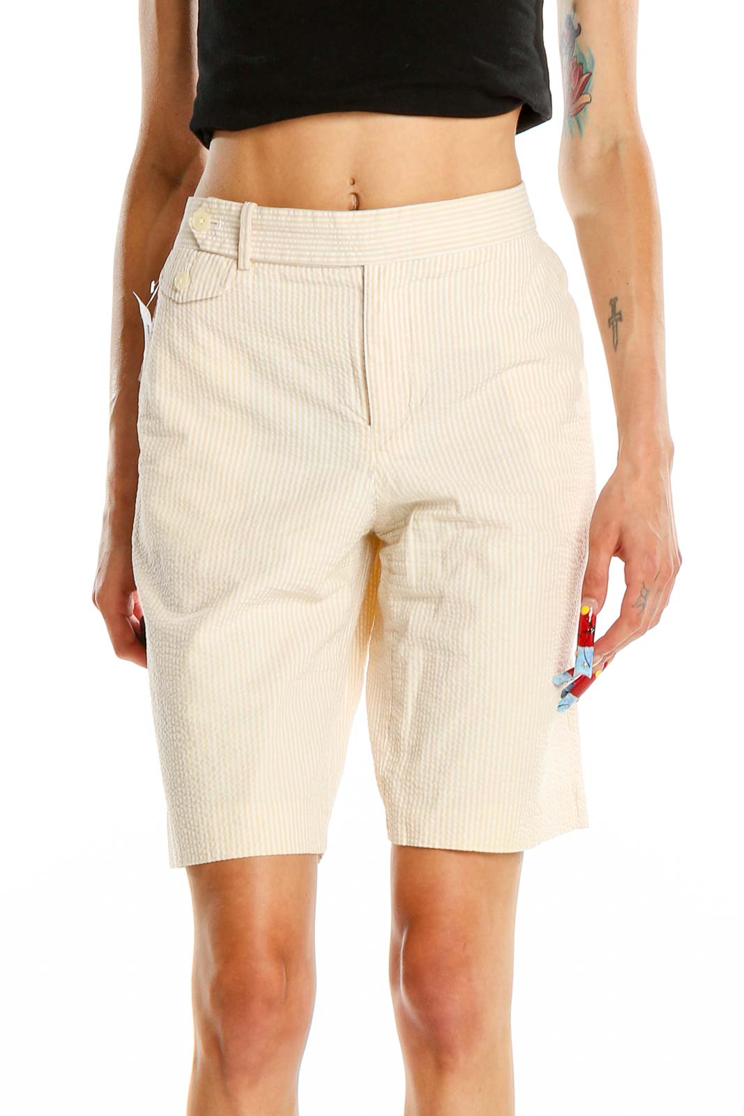 Beige Striped Bermuda Shorts Front