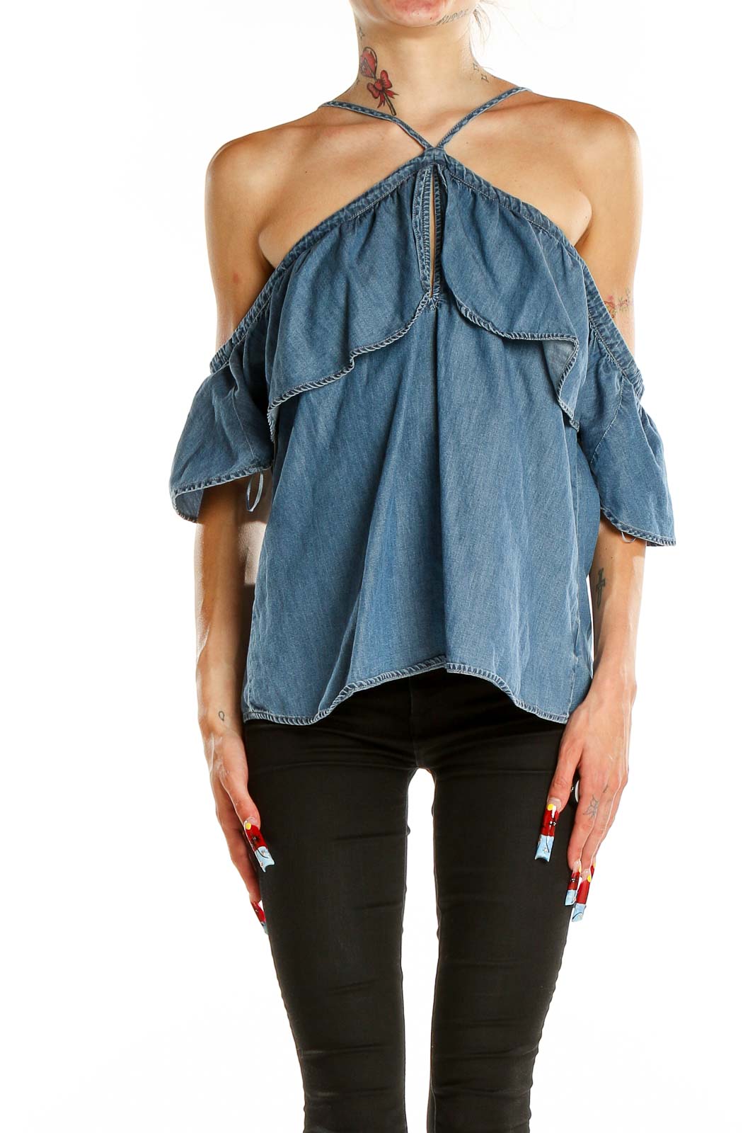Blue Chambray High Neck Blouse Front