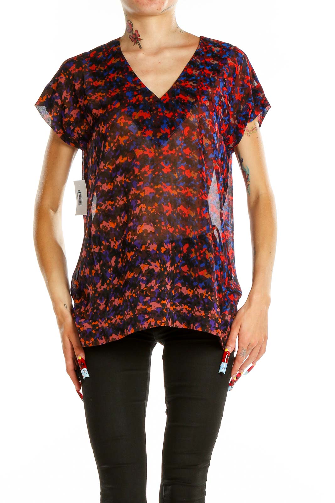 Red Blue Semi-Sheer Printed Blouse Front