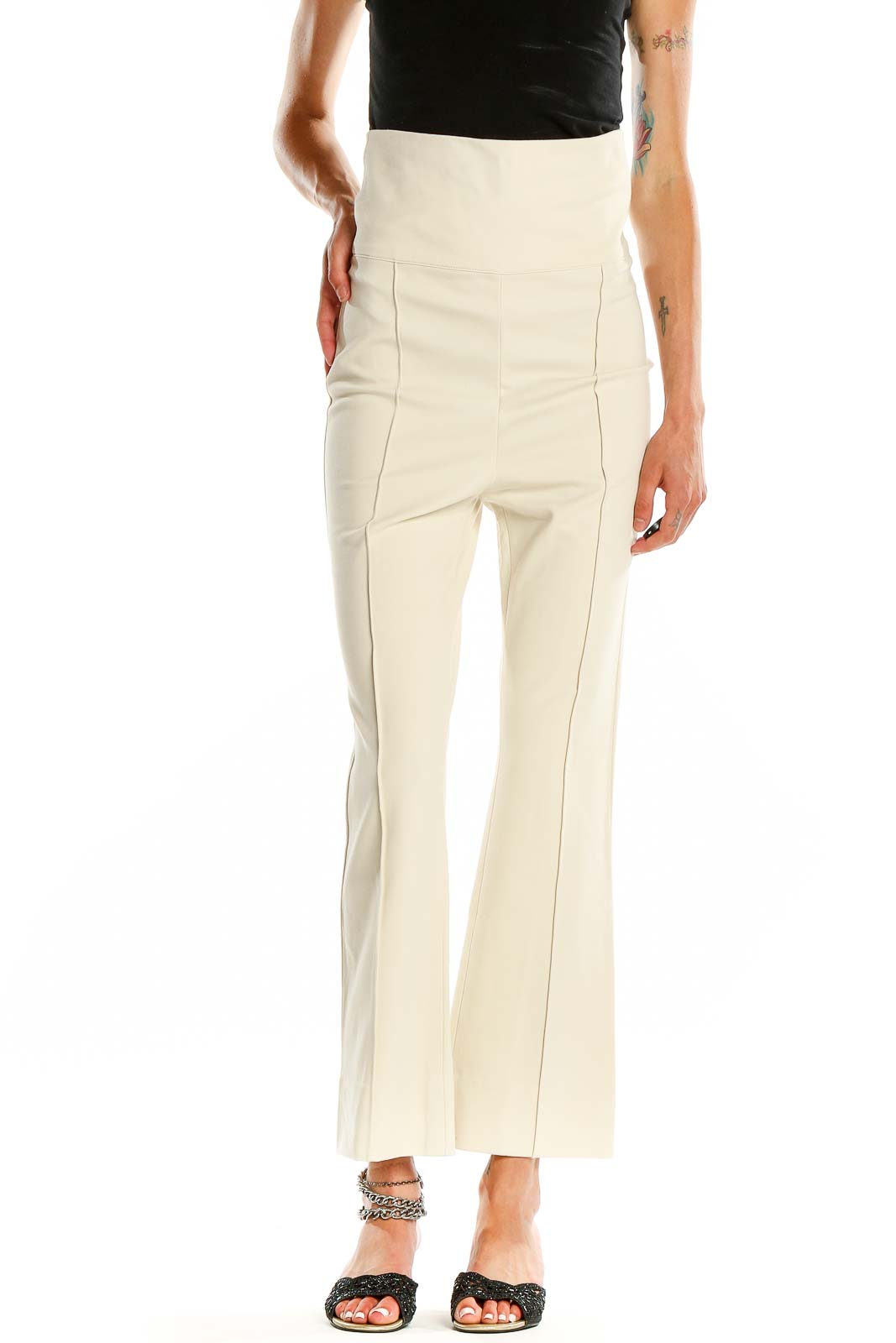 Cream High Waisted Flare Pants Front