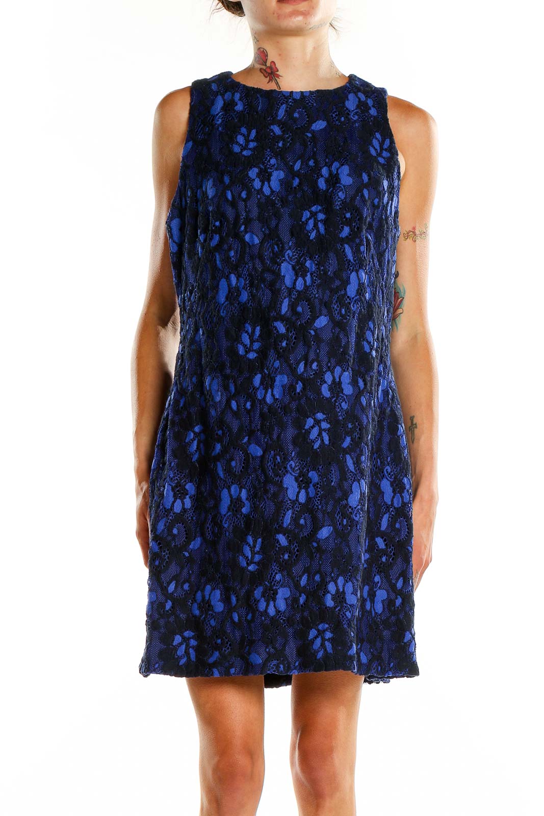 Blue Lace Sheath Dress Front