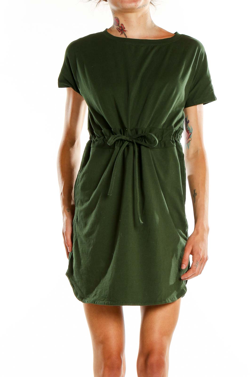 Green Casual Tie Waist Shirt Dress Front