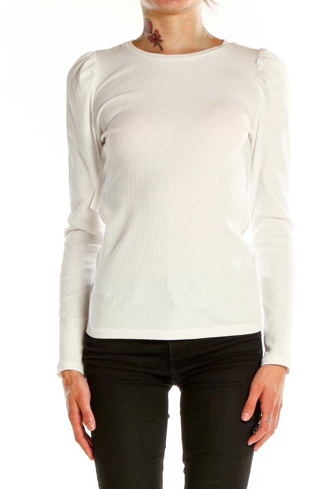 White Puff Sleeve Casual Long-Sleeve Shirt Front