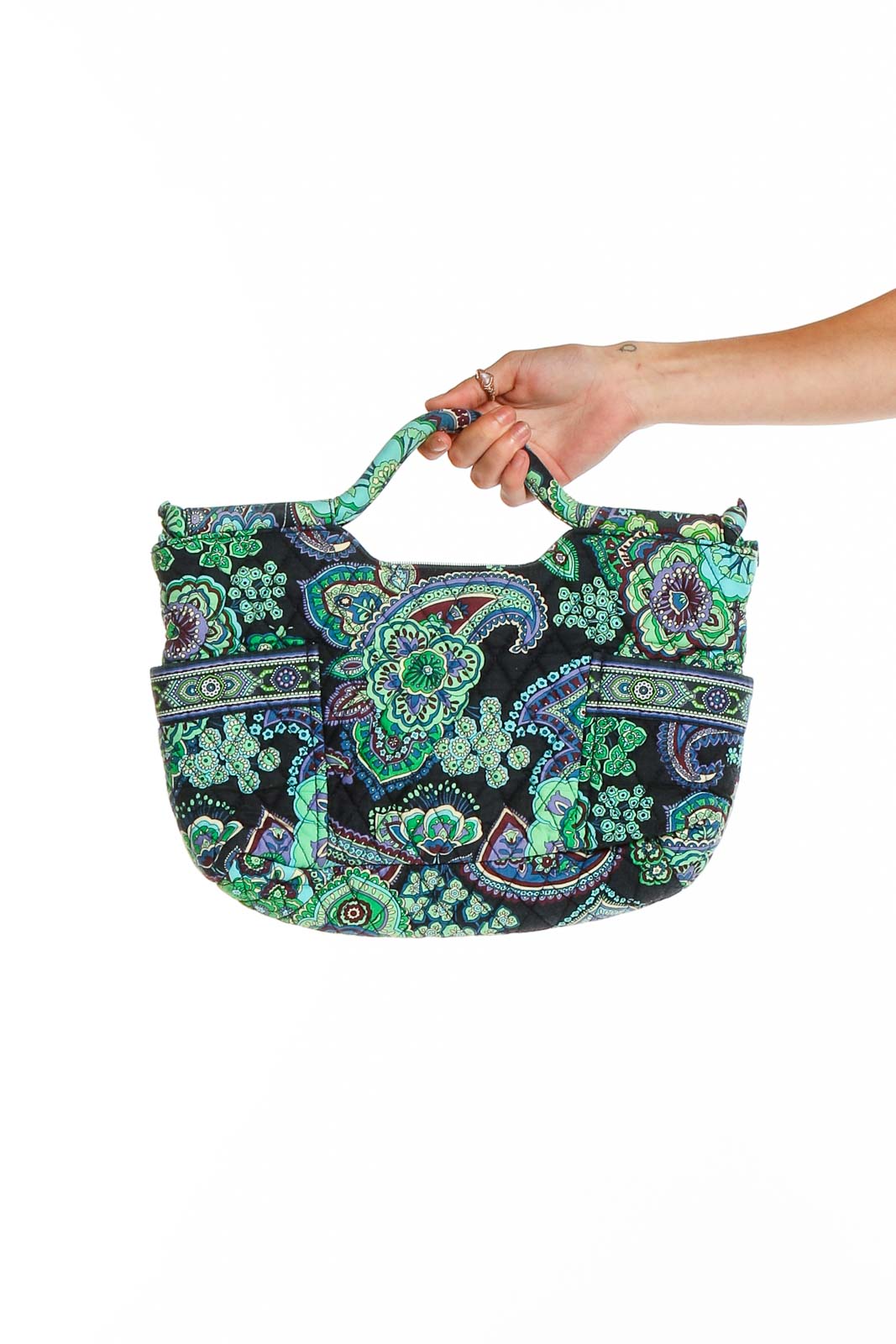 Green Black Paisley Quilted Bag Front