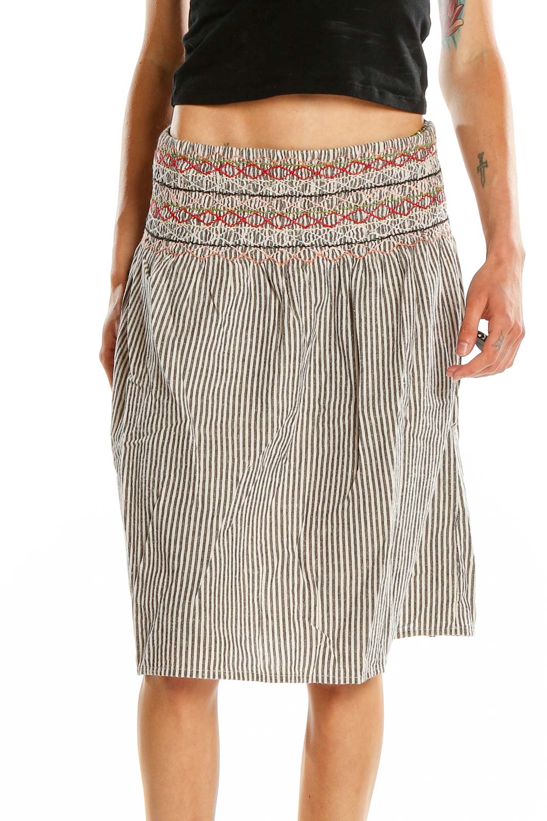 Gray Pinstripe Embroidered Waist Skirt Front