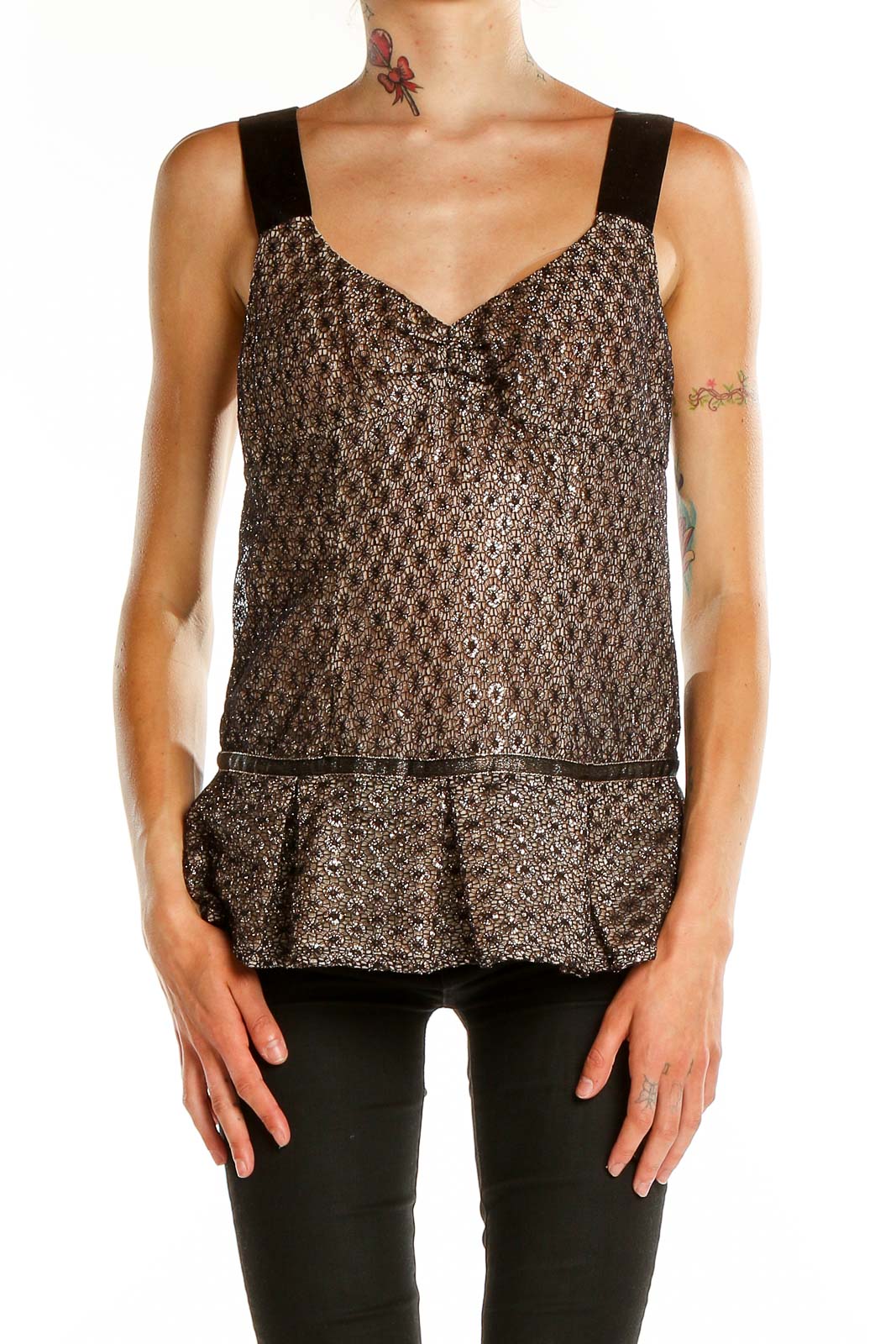 Brown Gold Textured Shimmer Sleeveless Blouse Front
