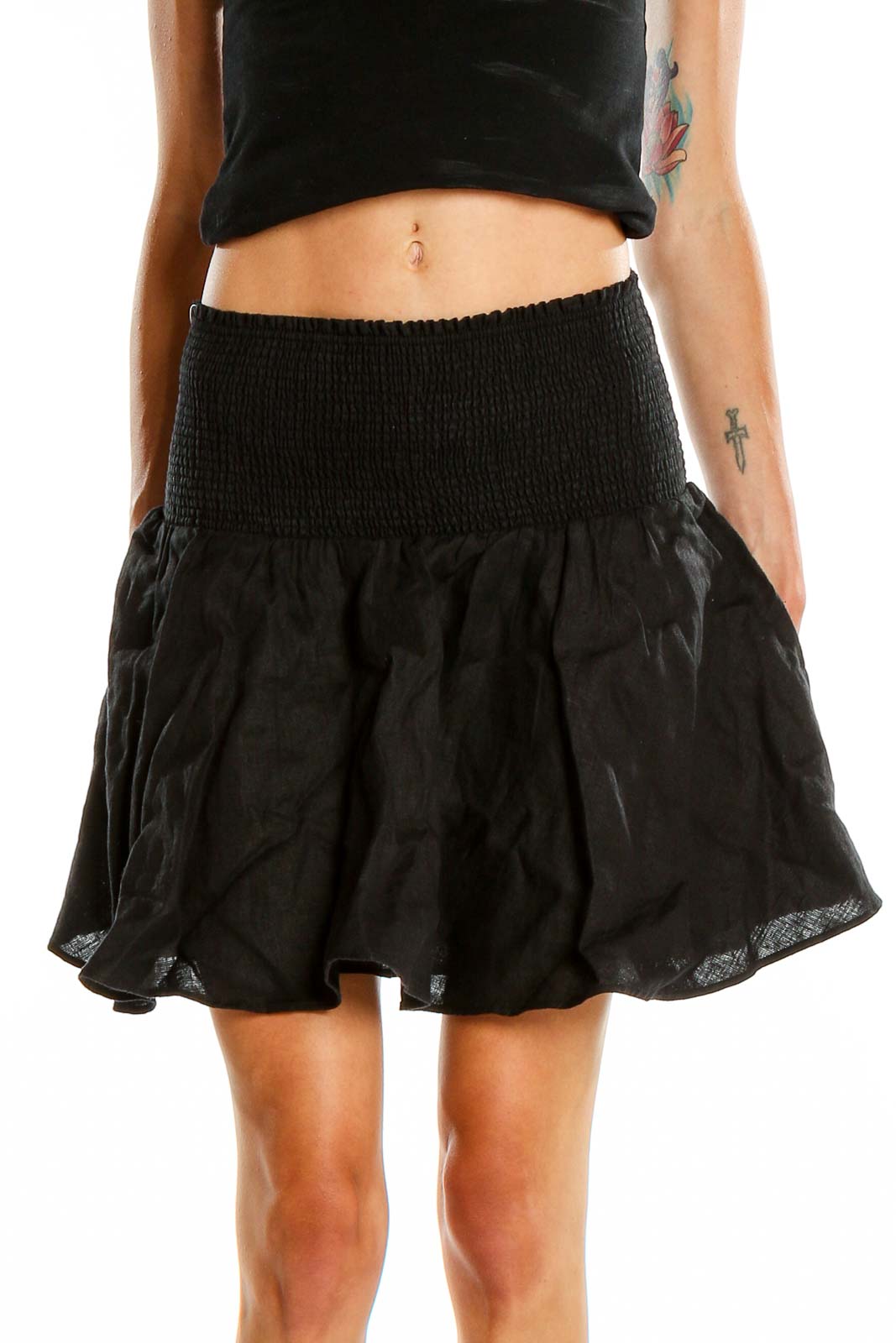 Black Chic Flared Linen Skirt Front
