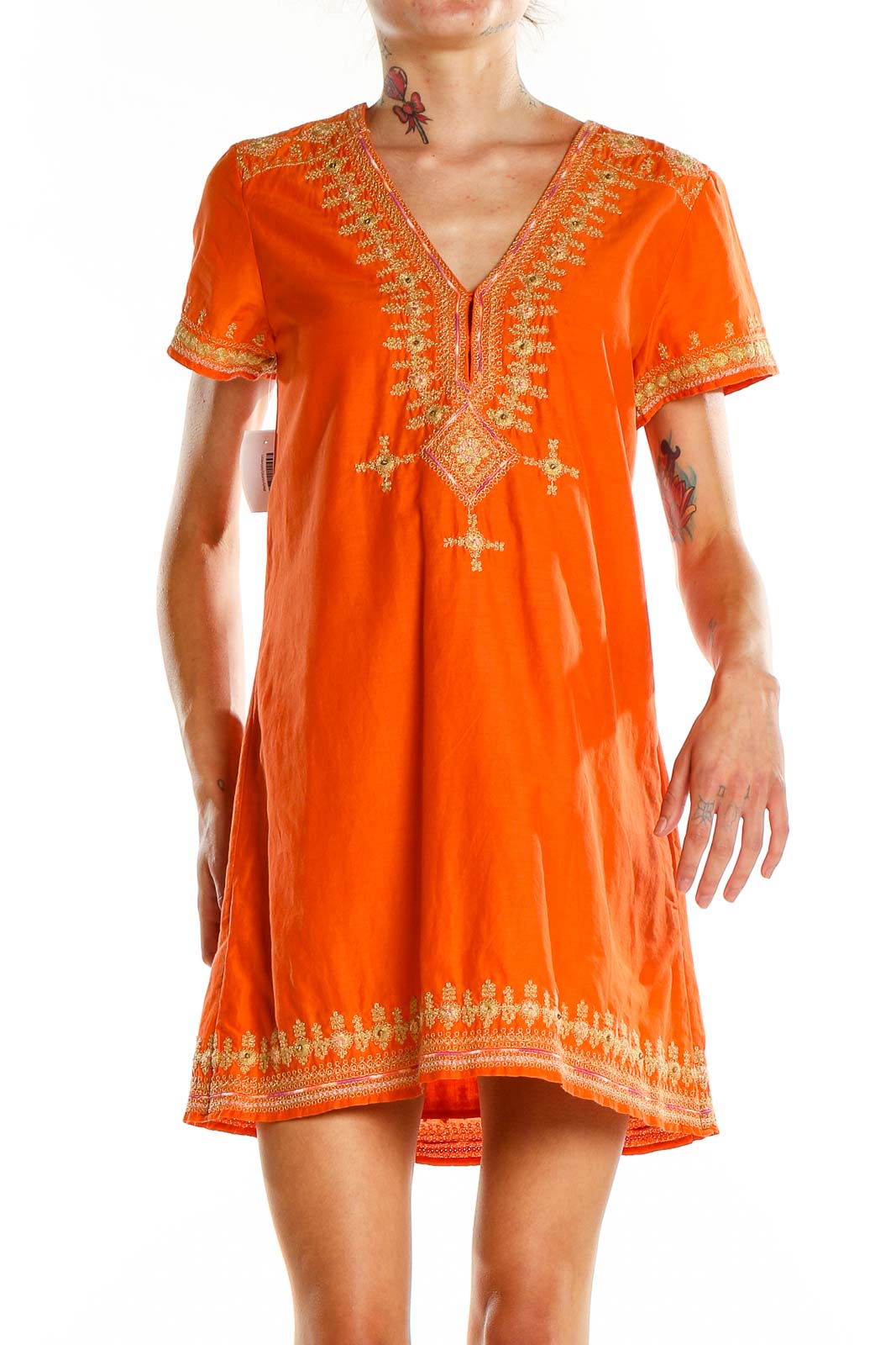 Orange Gold Embroidered Shift Dress Front