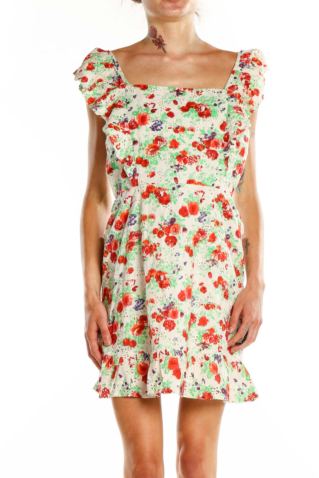 Red Green Floral Print Sun Dress Front