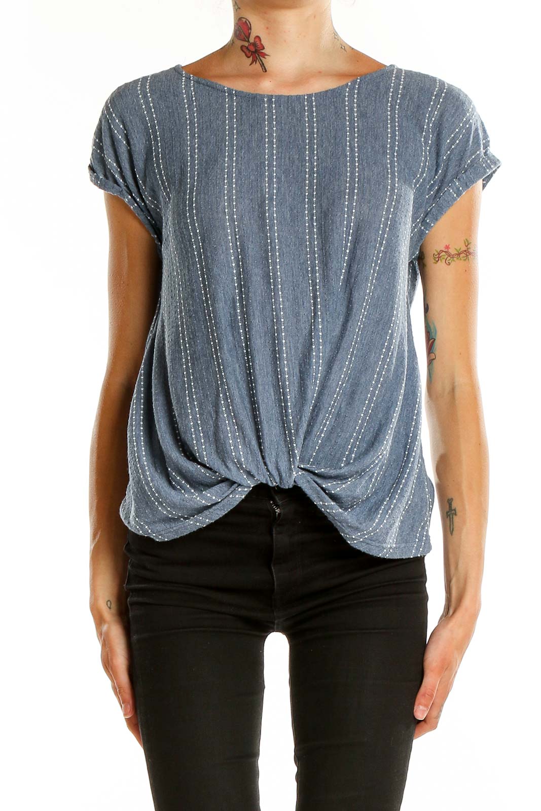 Blue Casual Front Knot T-Shirt Front